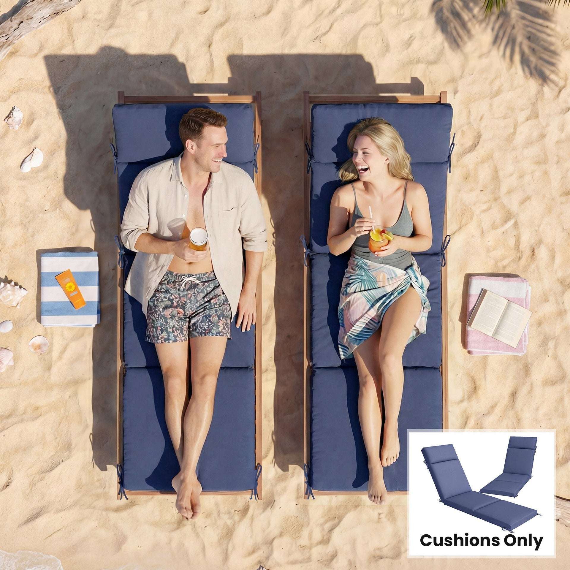 Outsunny Outdoor Chaise Lounge Cushions Set of 2 with 6 Ties, High-Density Foam, for Patio and Poolside, Navy Blue