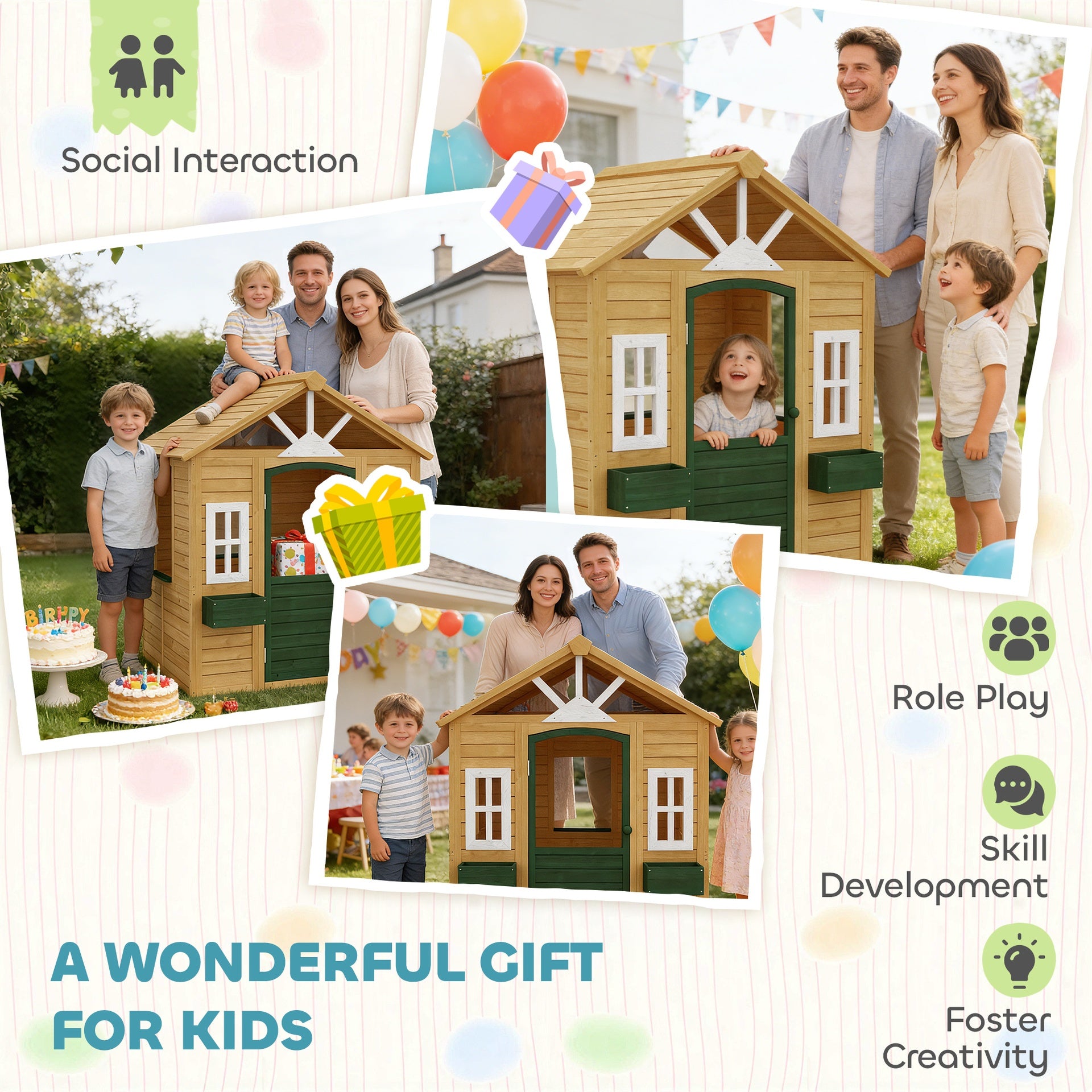 Qaba Outdoor Playhouse, Wooden Kids Playhouse with Door, 3 Windows, 2 Flower Boxes for Garden, Indoor Playroom, Ages 3–8