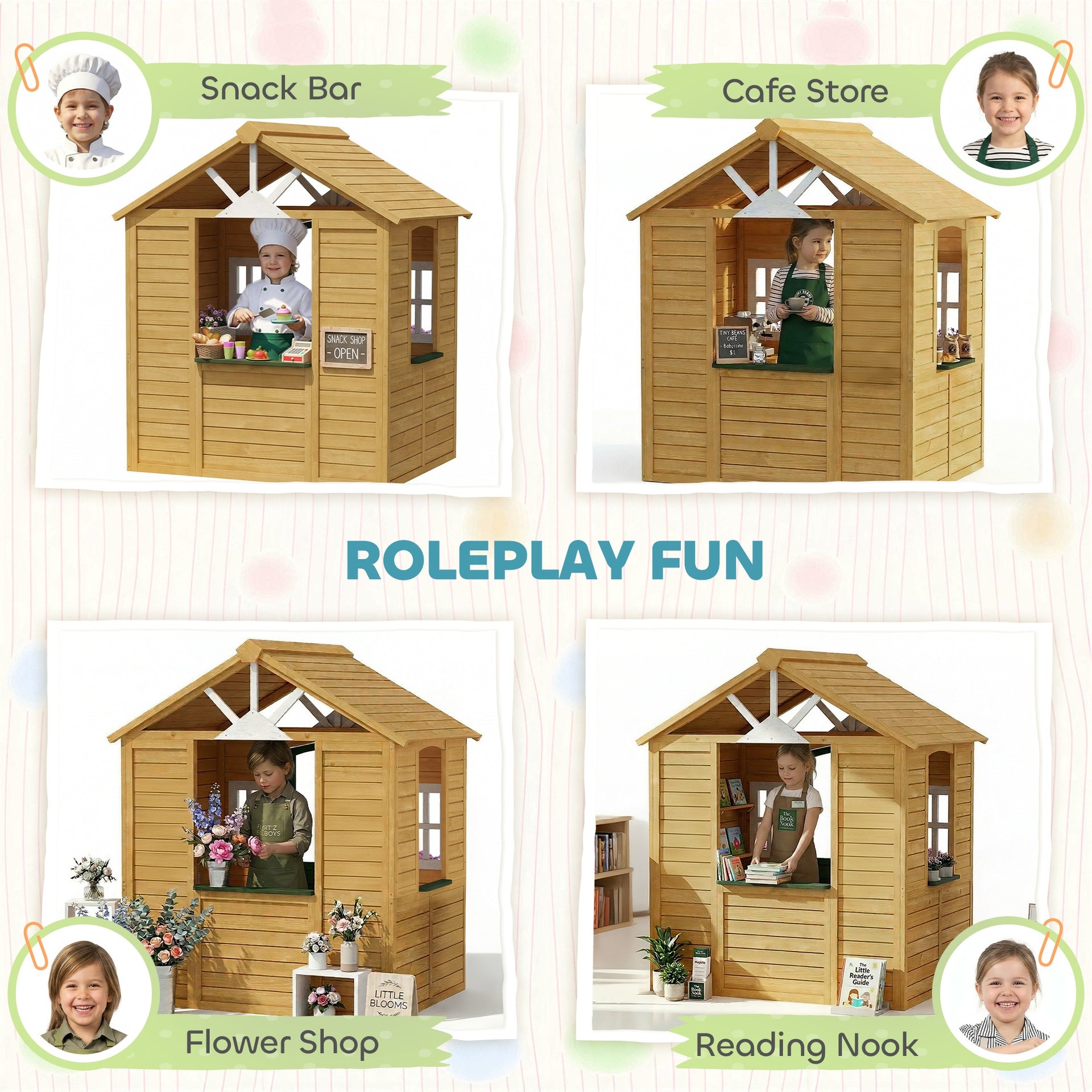 Qaba Outdoor Playhouse, Wooden Kids Playhouse with Door, 3 Windows, 2 Flower Boxes for Garden, Indoor Playroom, Ages 3–8