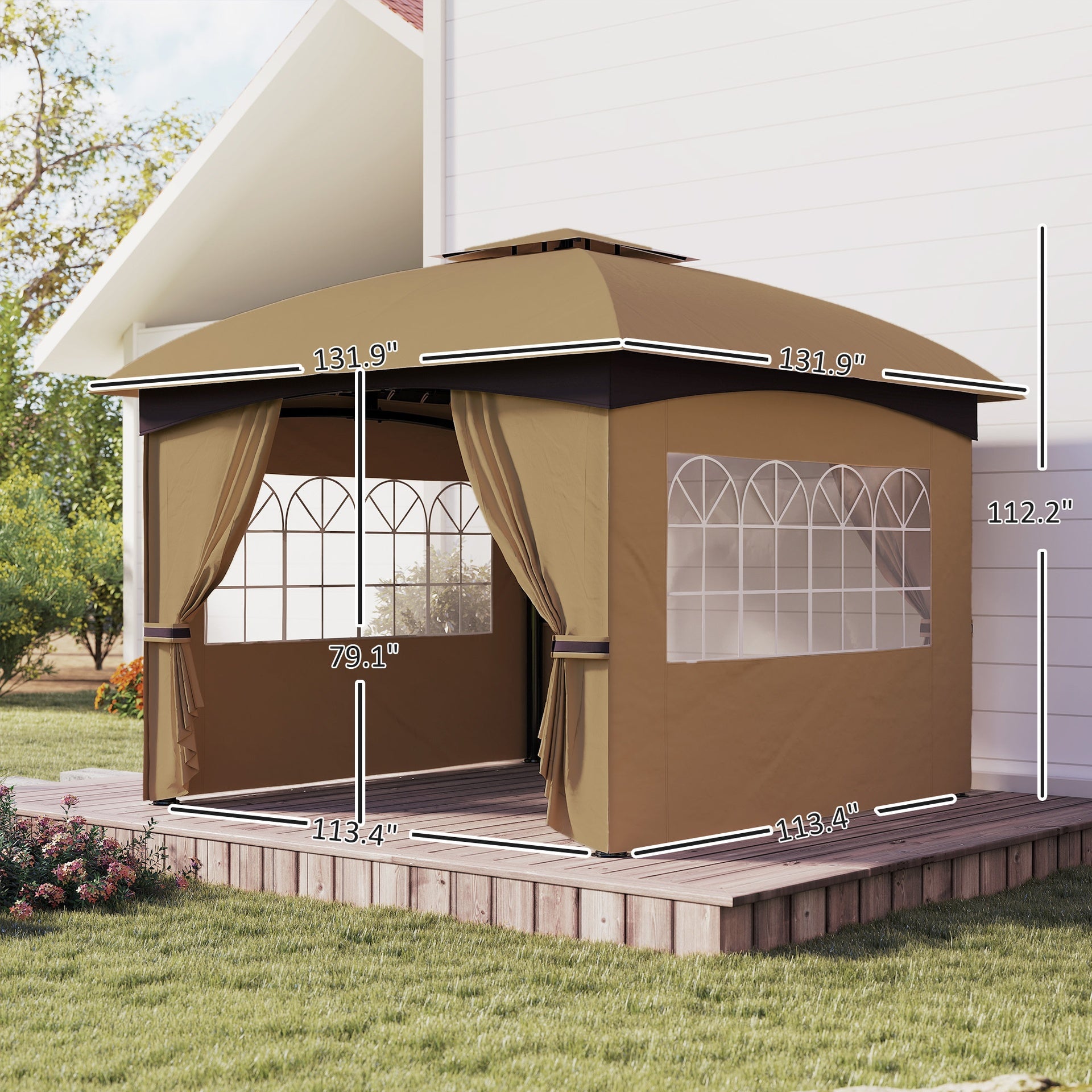 Outsunny 11' x 11' Outdoor Gazebo, Double Roof Patio Gazebo with Curtains, Church Windows, Galvanized Steel Frame, Beige