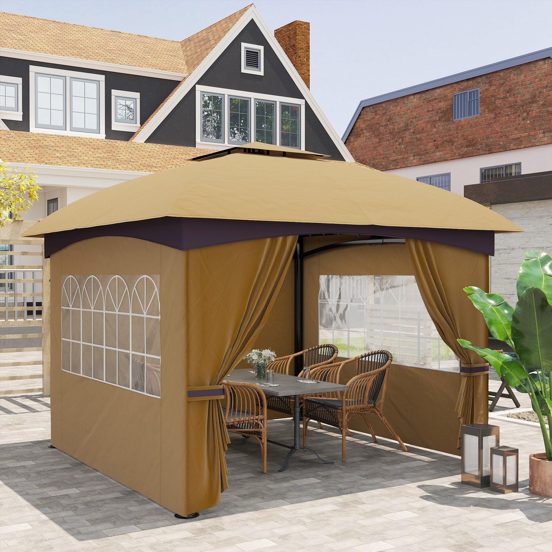 Outsunny 11' x 11' Outdoor Gazebo, Double Roof Patio Gazebo with Curtains, Church Windows, Galvanized Steel Frame, Beige