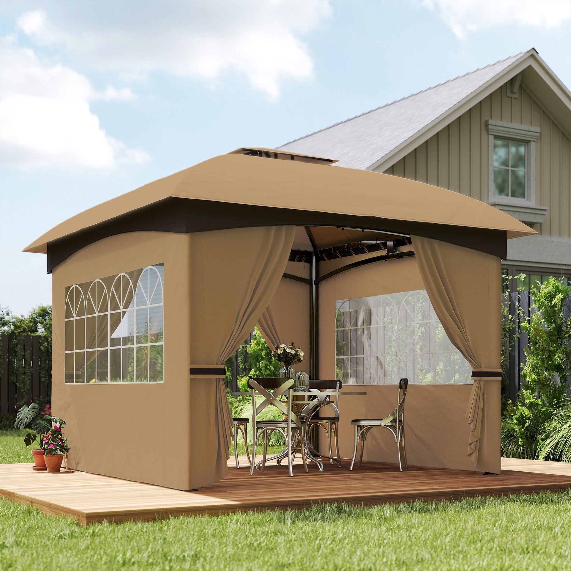 Outsunny 11' x 11' Outdoor Gazebo, Double Roof Patio Gazebo with Curtains, Church Windows, Galvanized Steel Frame, Beige