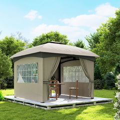 Outsunny 11' x 11' Outdoor Gazebo, Double Roof Patio Gazebo with Curtains, Church Windows, Galvanized Steel Frame, Light Gray