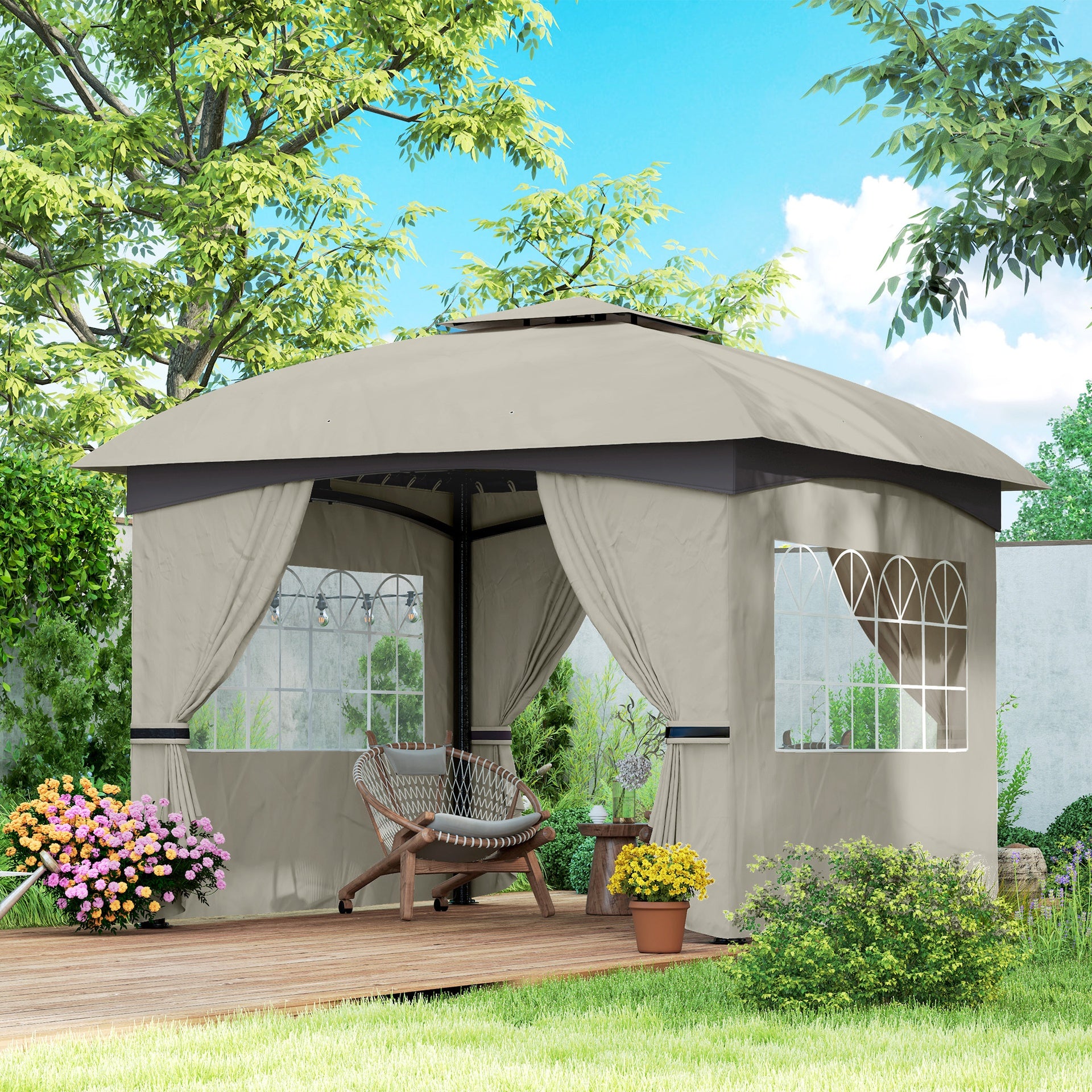 Outsunny 11' x 11' Outdoor Gazebo, Double Roof Patio Gazebo with Curtains, Church Windows, Galvanized Steel Frame, Light Gray