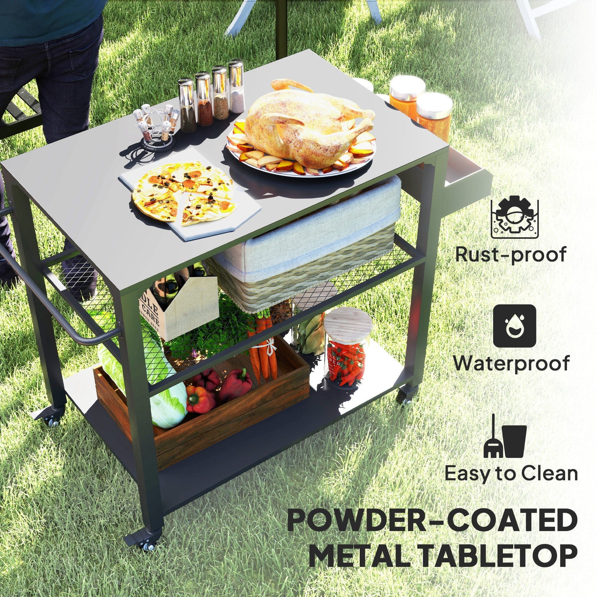 Outsunny 3-Tier Outdoor Grill Cart with Storage Racks, Side Handle, Movable Pizza Oven Table on Wheels