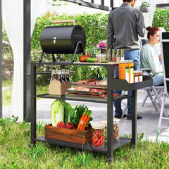 Outsunny 3-Tier Outdoor Grill Cart with Storage Racks, Side Handle, Movable Pizza Oven Table on Wheels