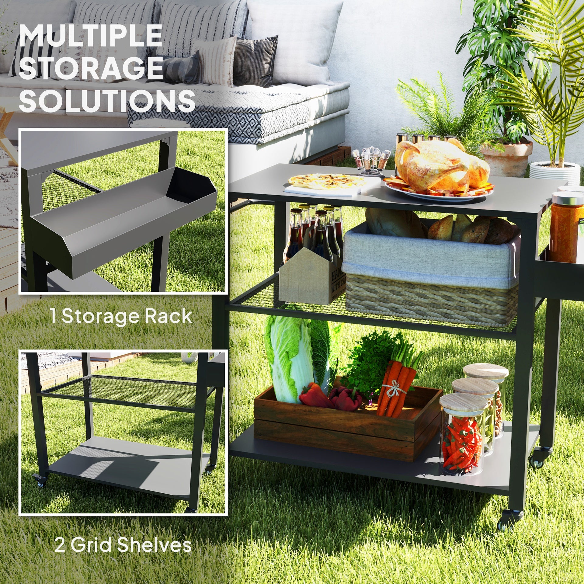 Outsunny 3-Tier Outdoor Grill Cart with Storage Racks, Side Handle, Movable Pizza Oven Table on Wheels