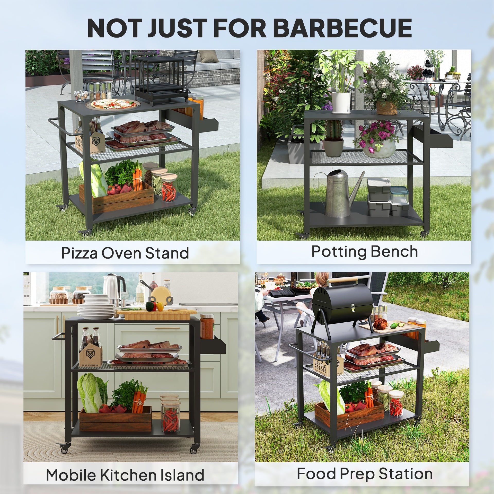 Outsunny 3-Tier Outdoor Grill Cart with Storage Racks, Side Handle, Movable Pizza Oven Table on Wheels