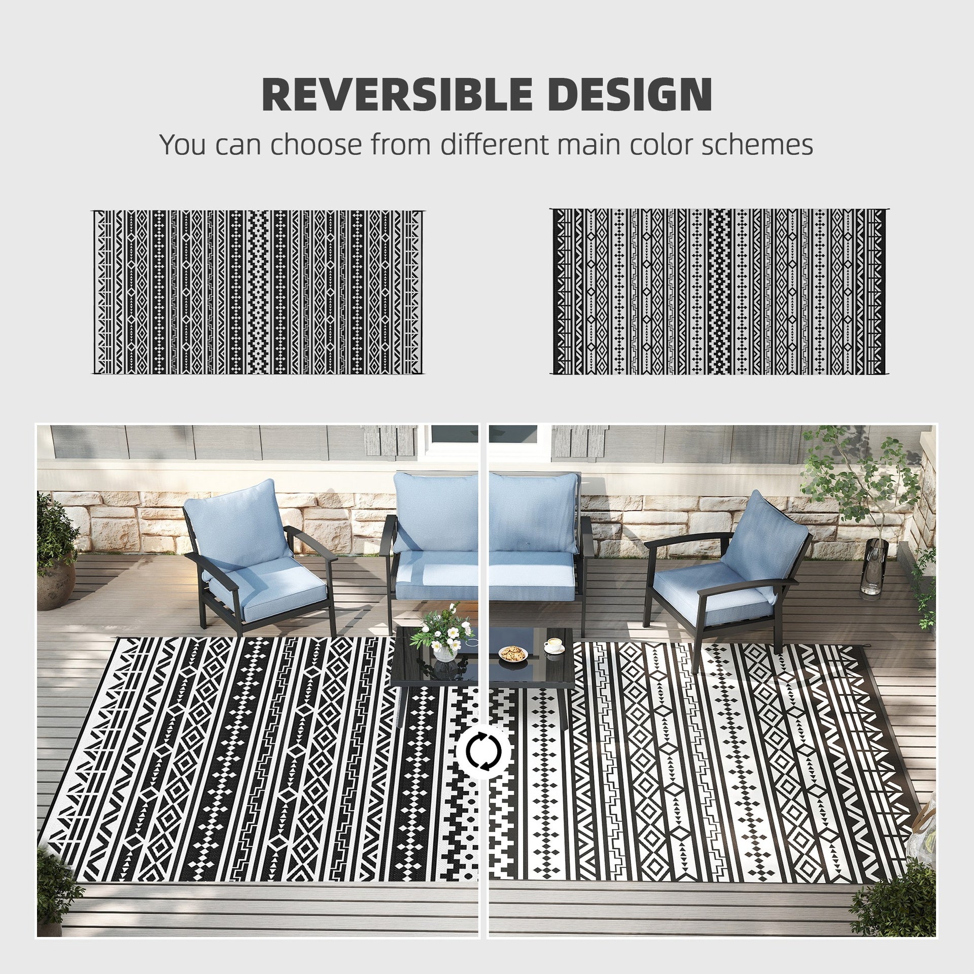 Outsunny Reversible Outdoor Rug, Waterproof Plastic Straw with Carry Bag, 9' x 18', Black & White Geometric Wall