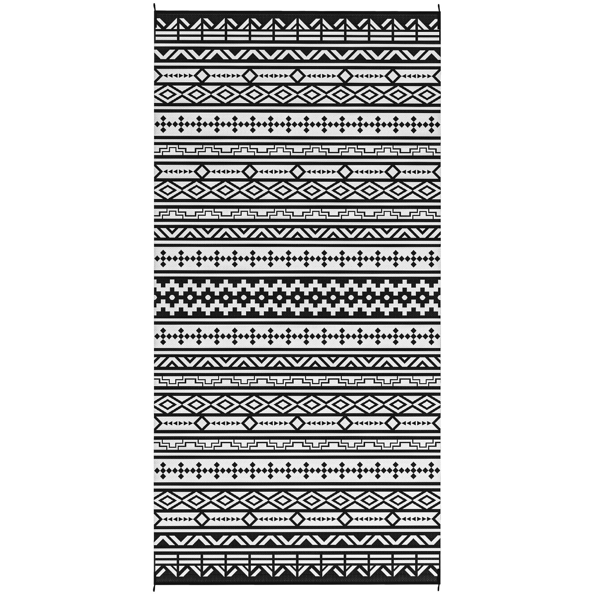 Outsunny Reversible Outdoor Rug, Waterproof Plastic Straw with Carry Bag, 9' x 18', Black & White Geometric Wall