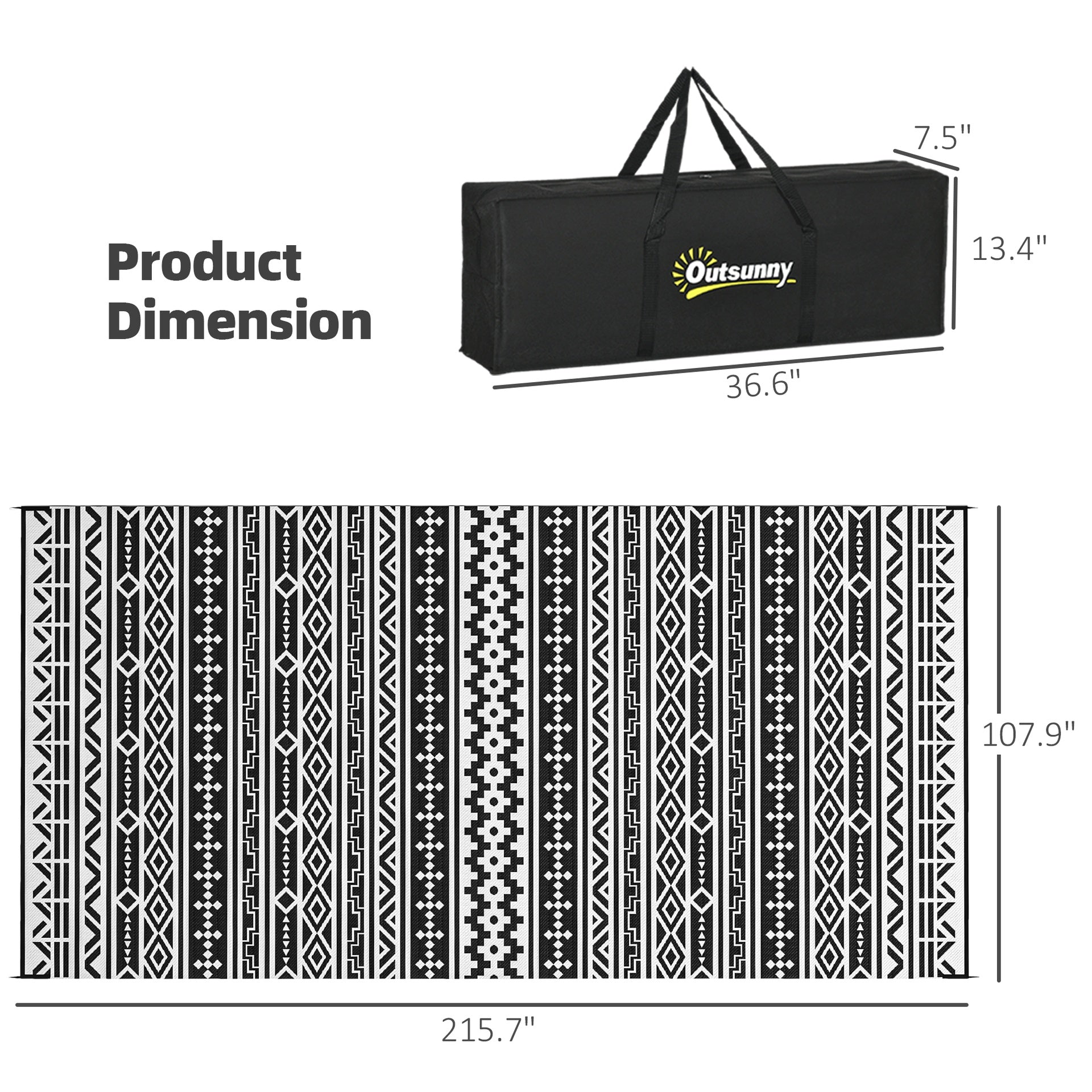 Outsunny Reversible Outdoor Rug, Waterproof Plastic Straw with Carry Bag, 9' x 18', Black & White Geometric Wall