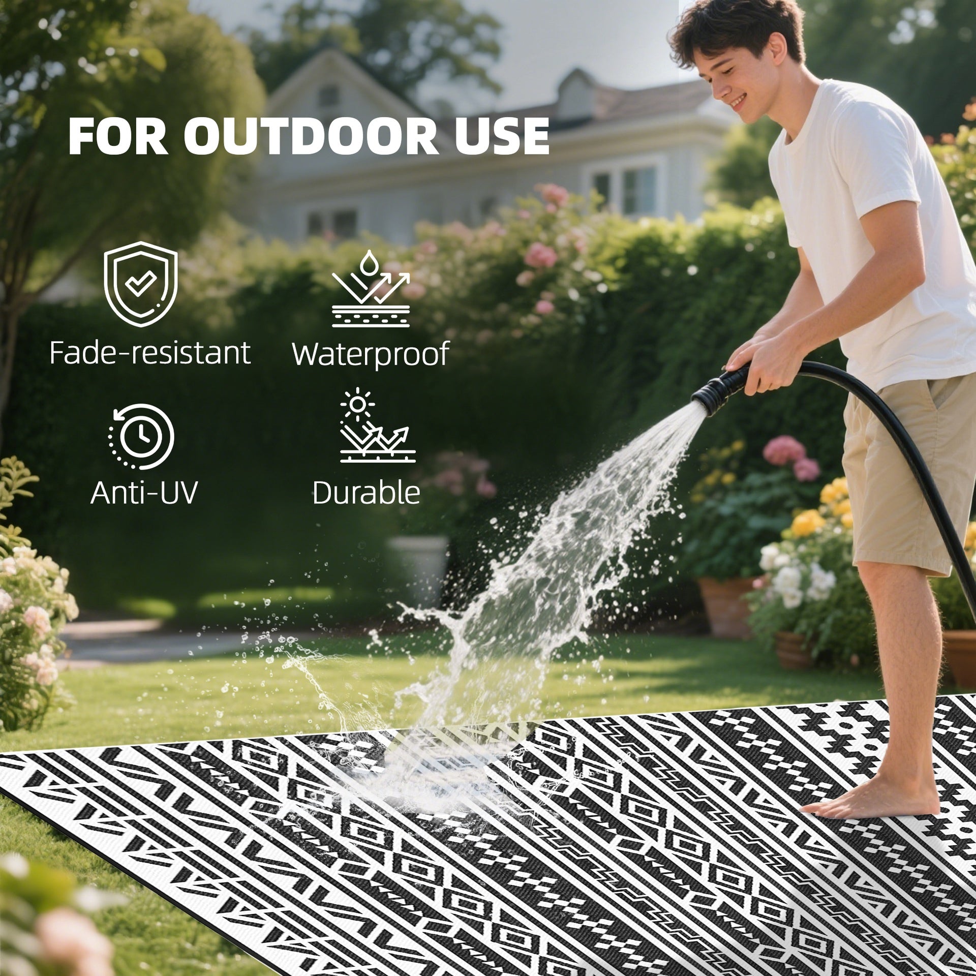 Outsunny Reversible Outdoor Rug, Waterproof Plastic Straw with Carry Bag, 9' x 18', Black & White Geometric Wall