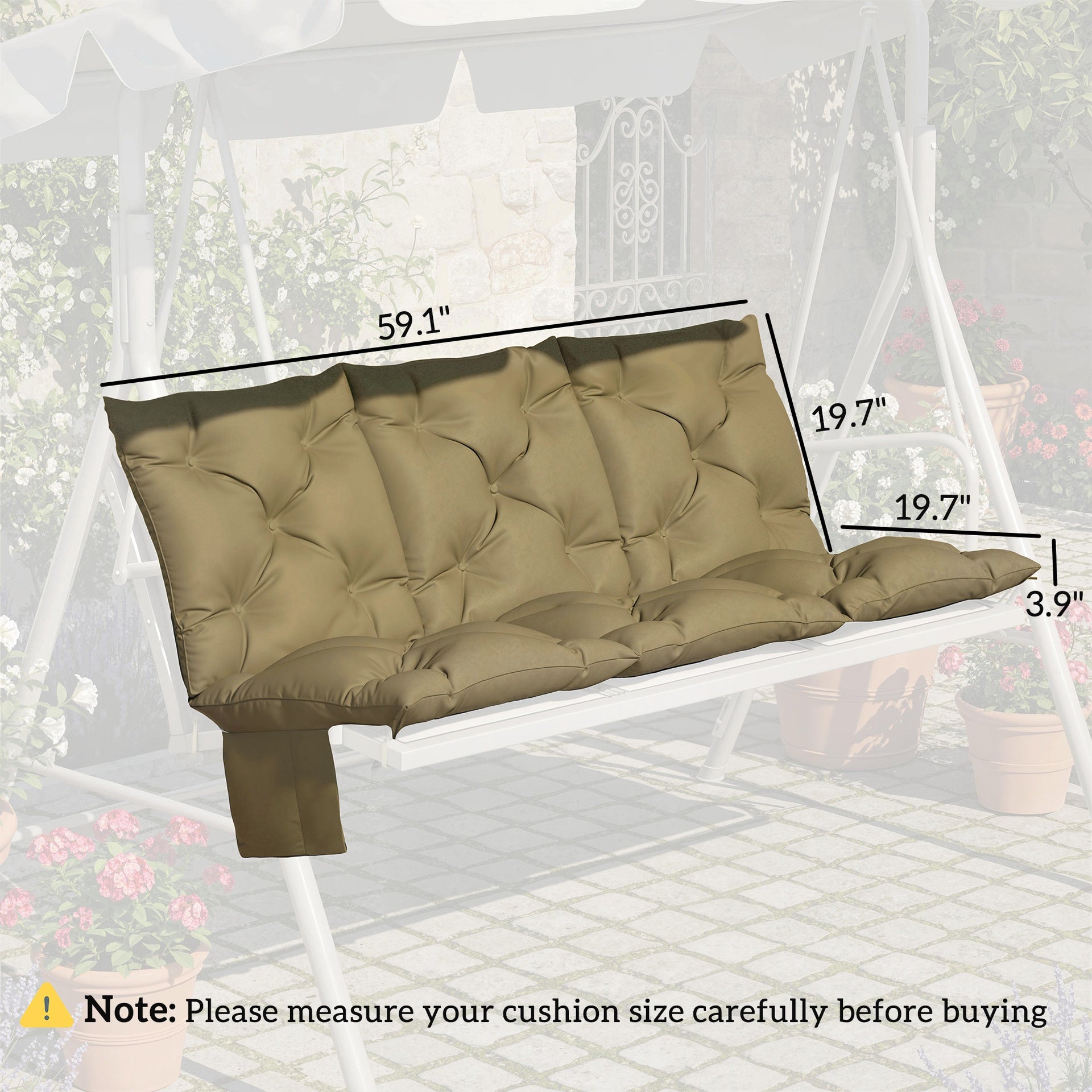 Outsunny Bench Cushion Non-Slip Outdoor Swing Cushion w/Backrest Side Pocket for 3 Seater Patio Furniture Beige
