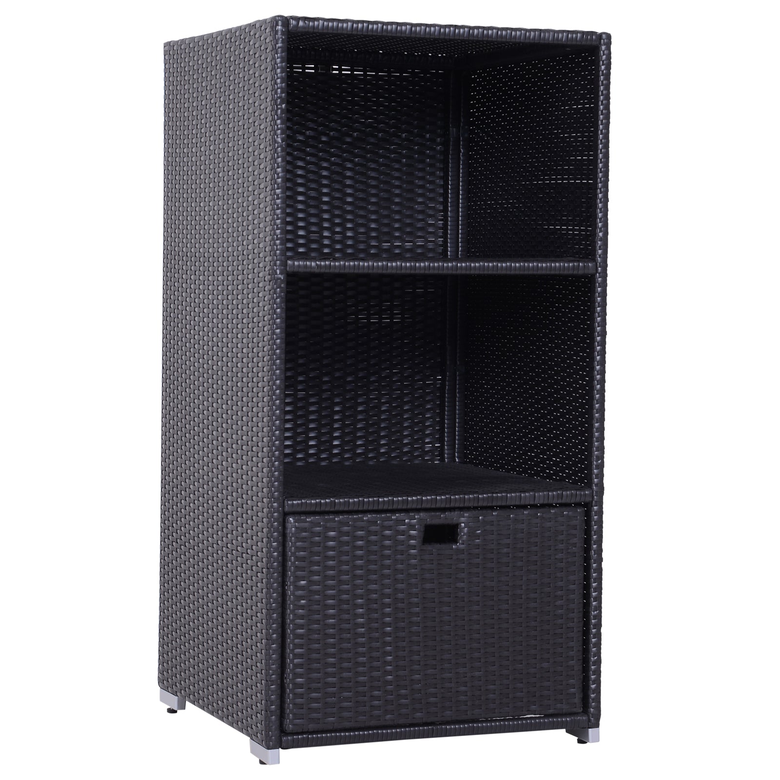 Outsunny Poolside Towel Cabinet, Rattan Wicker with Storage,2-Tier Shelves and Bottom Drawer, for Pool, Patio Backyard, 47", Dark Brown