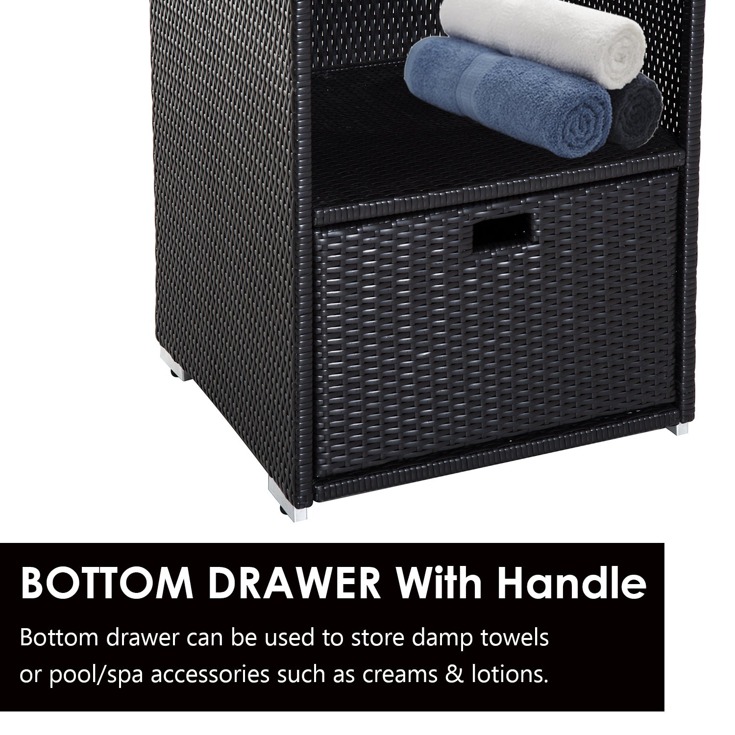 Outsunny Poolside Towel Cabinet, Rattan Wicker with Storage,2-Tier Shelves and Bottom Drawer, for Pool, Patio Backyard, 47", Dark Brown
