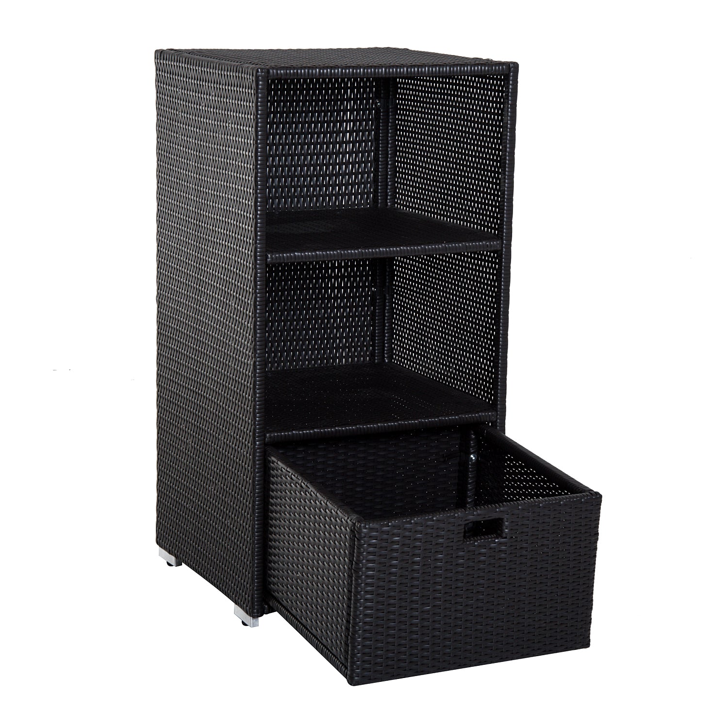 Outsunny Poolside Towel Cabinet, Rattan Wicker with Storage,2-Tier Shelves and Bottom Drawer, for Pool, Patio Backyard, 47", Dark Brown