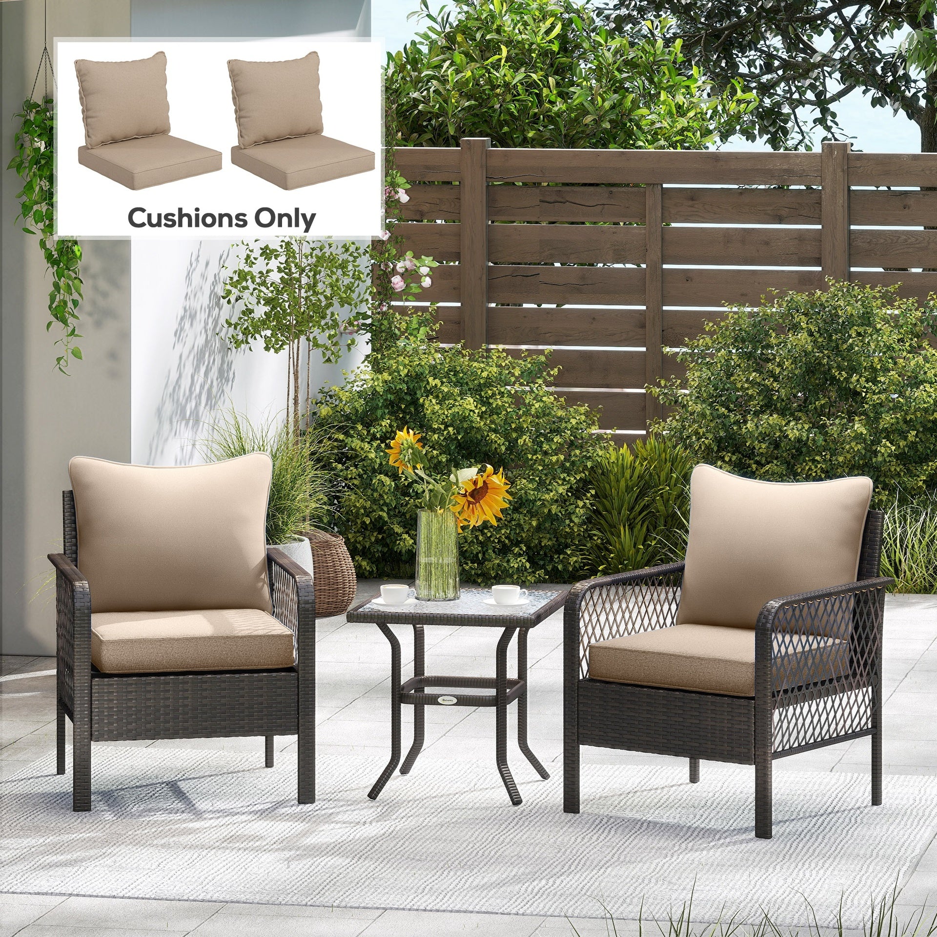 Outsunny Patio Chair Cushions Set of 2 with Seat & Backrest, Fade Resistant Seat Replacement Cushion Set, Beige