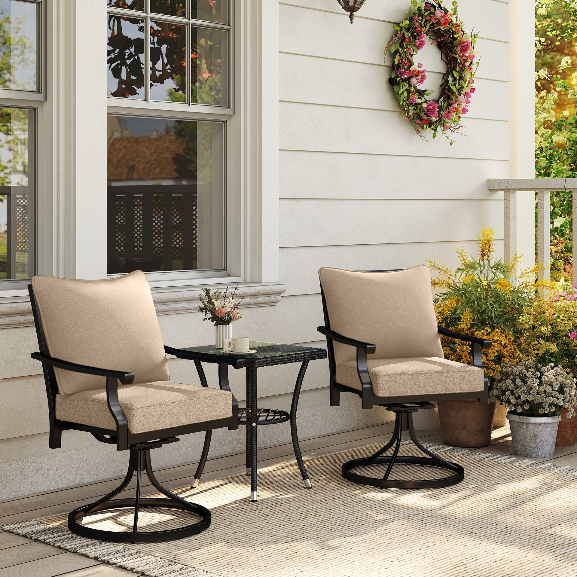 Outsunny Patio Chair Cushions Set of 2 with Seat & Backrest, Fade Resistant Seat Replacement Cushion Set, Beige