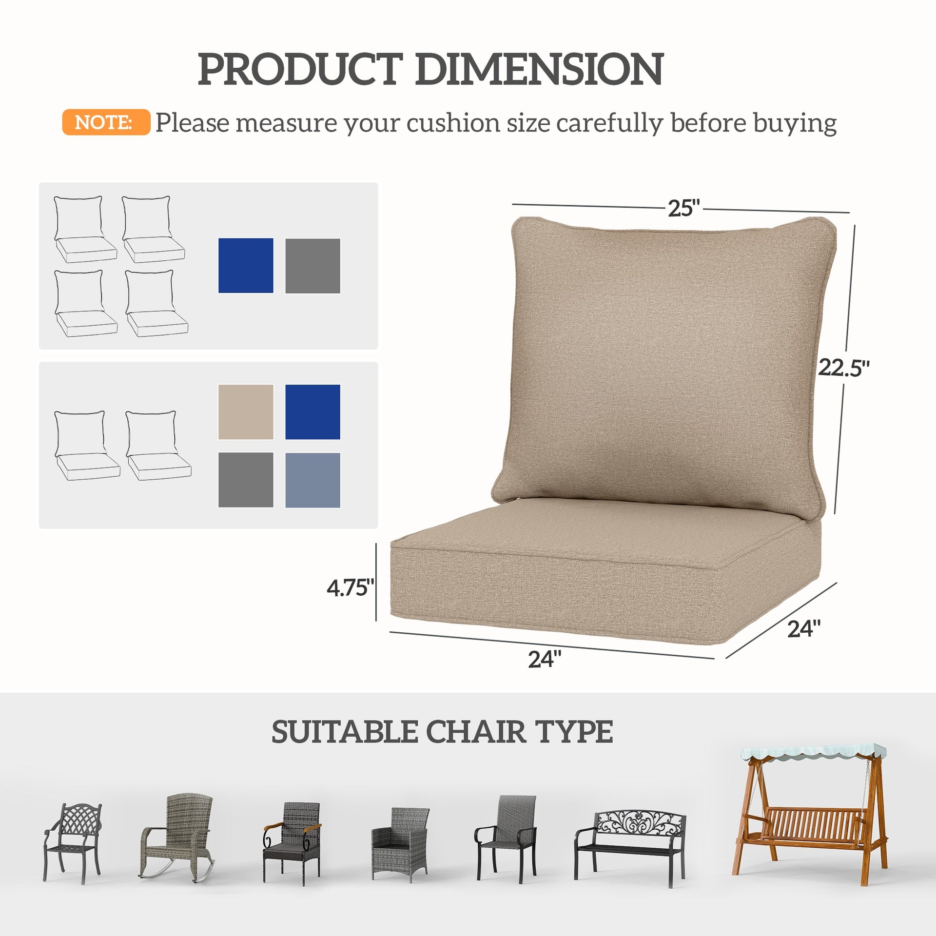Outsunny Patio Chair Cushions Set of 2 with Seat & Backrest, Fade Resistant Seat Replacement Cushion Set, Beige