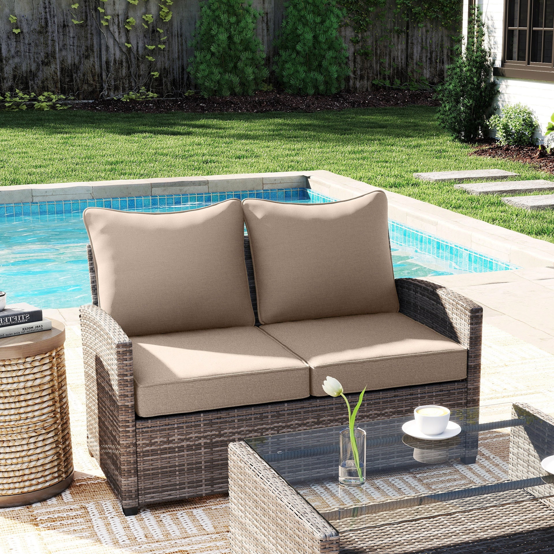 Outsunny Patio Chair Cushions Set of 2 with Seat & Backrest, Fade Resistant Seat Replacement Cushion Set, Beige
