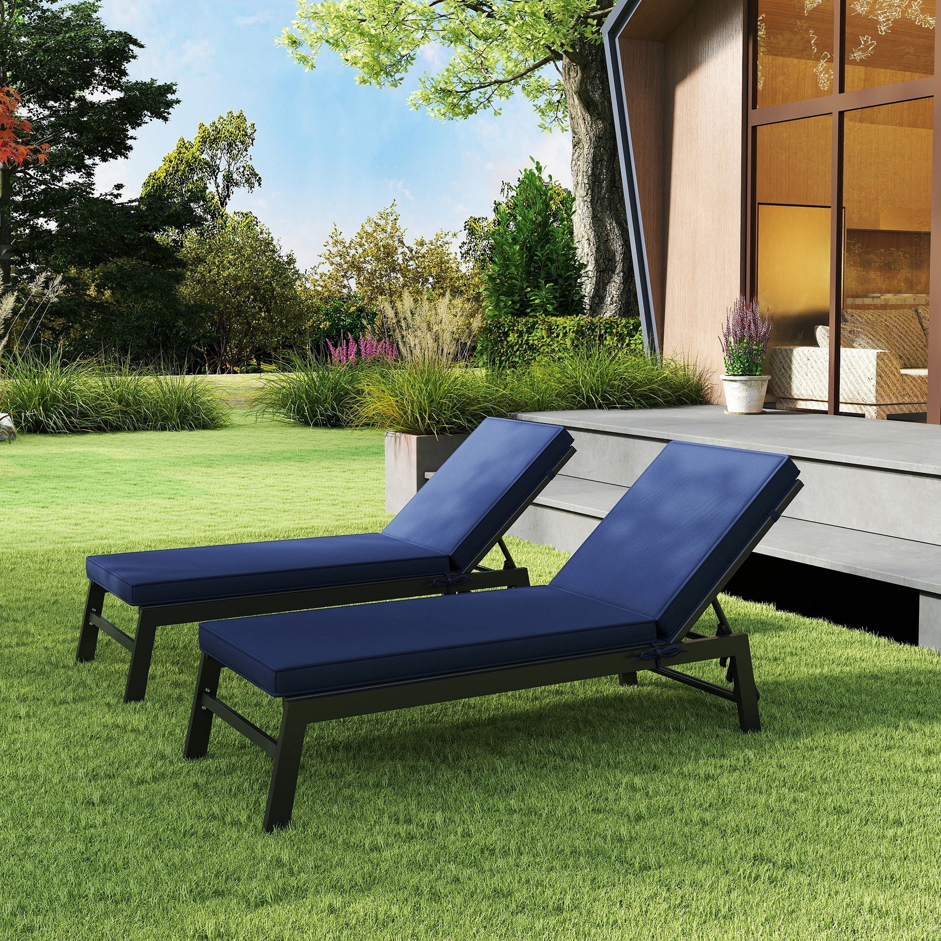 Outsunny 2-Piece Patio Chair Cushions with Backrests, Replacement Cushions for Outdoor Lounge Chair, Navy