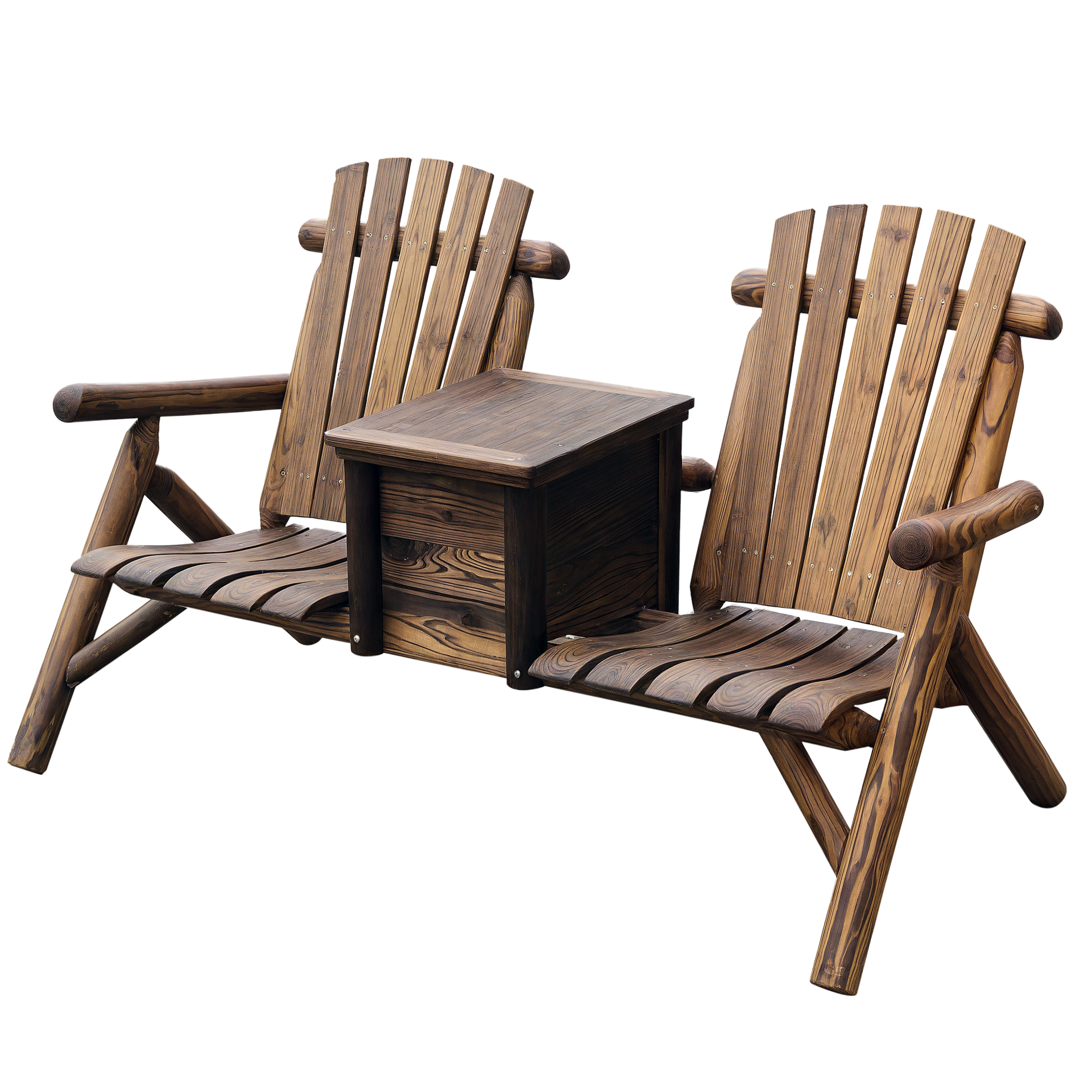 Outsunny Double Wooden Adirondack Chair with Ice Bucket, Outdoor Loveseat with High Backrest, Smooth Armrest, Rustic Brown
