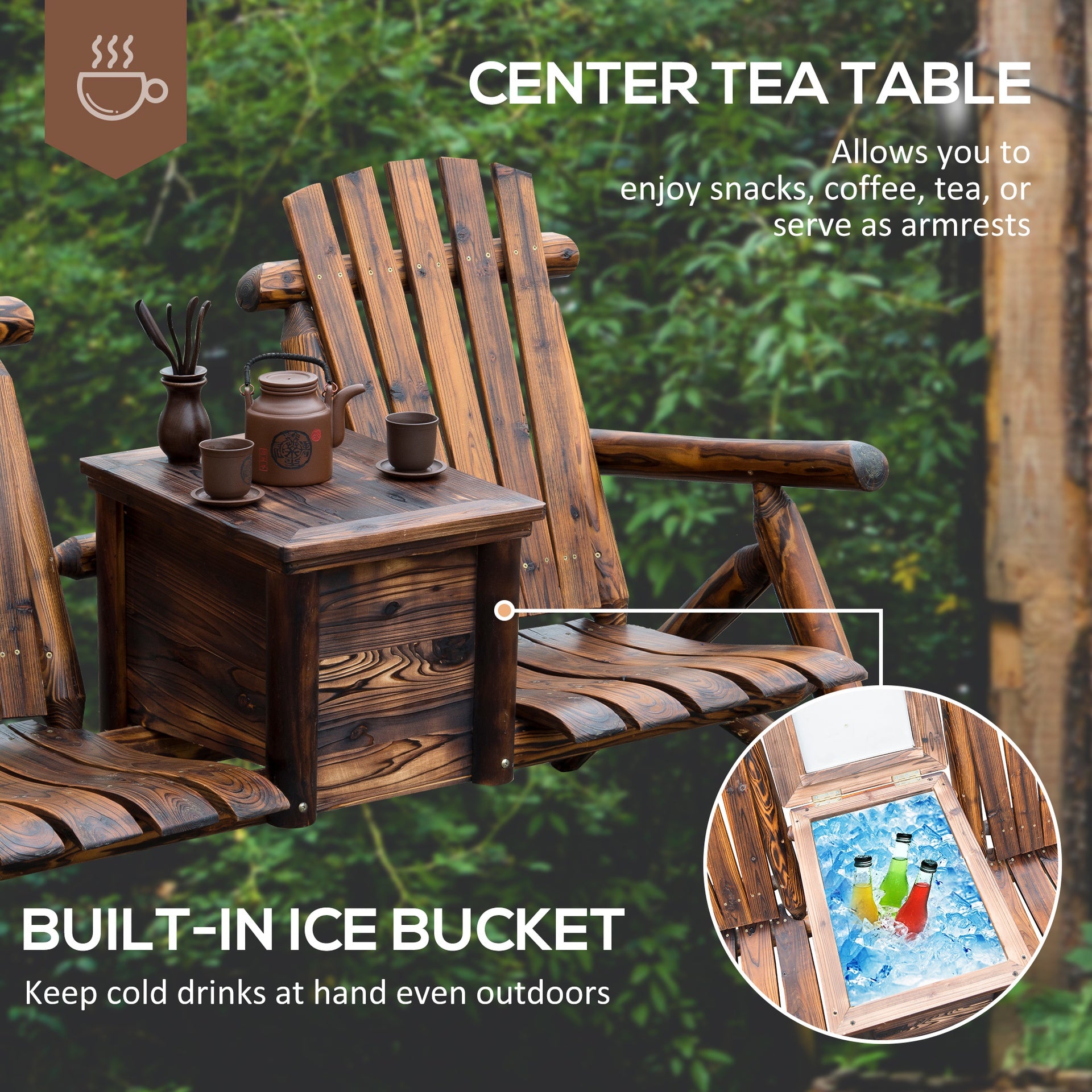 Outsunny Double Wooden Adirondack Chair with Ice Bucket, Outdoor Loveseat with High Backrest, Smooth Armrest, Rustic Brown
