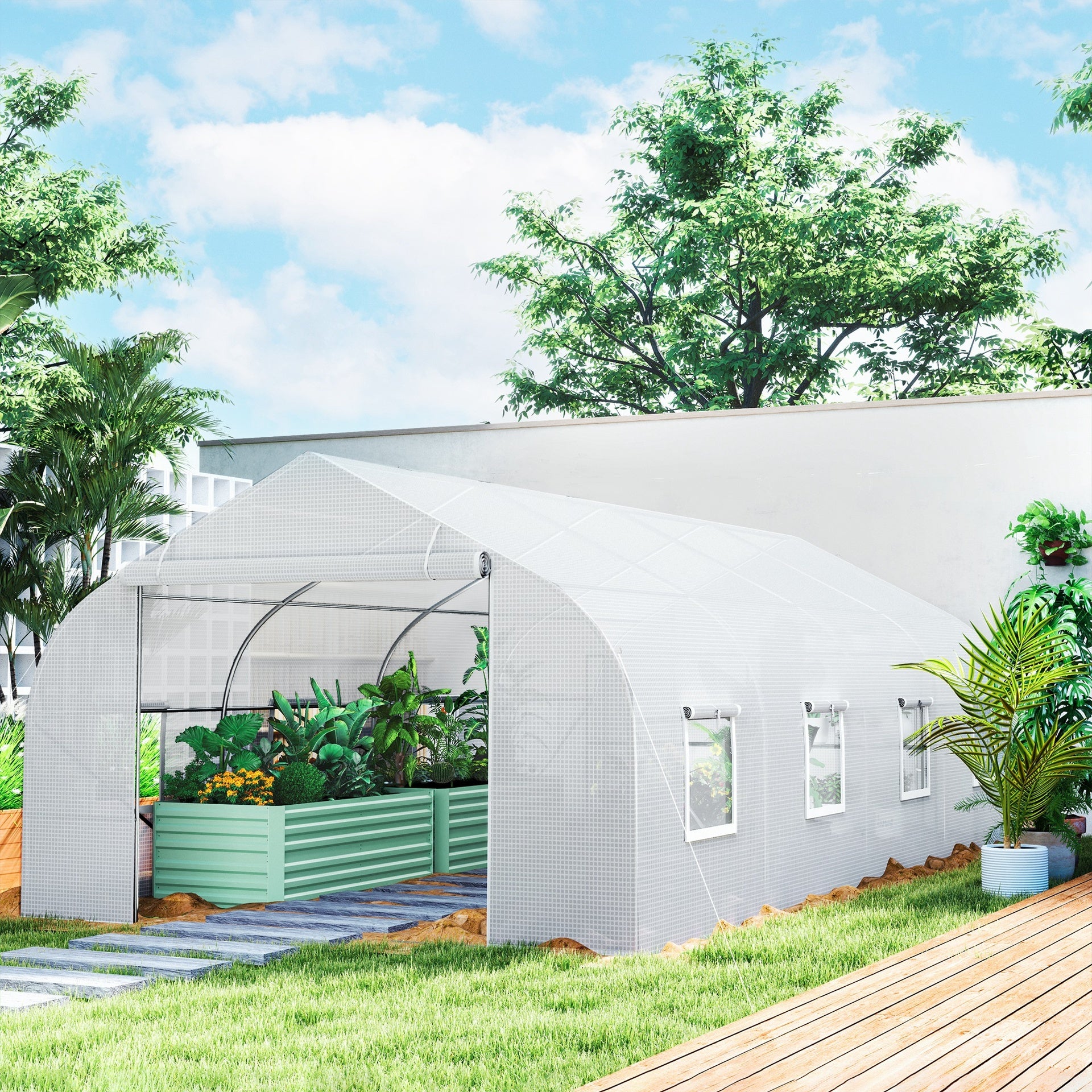 Outsunny Walk In Tunnel Greenhouse, Portable Outdoor Plant House with Roll Up Doors