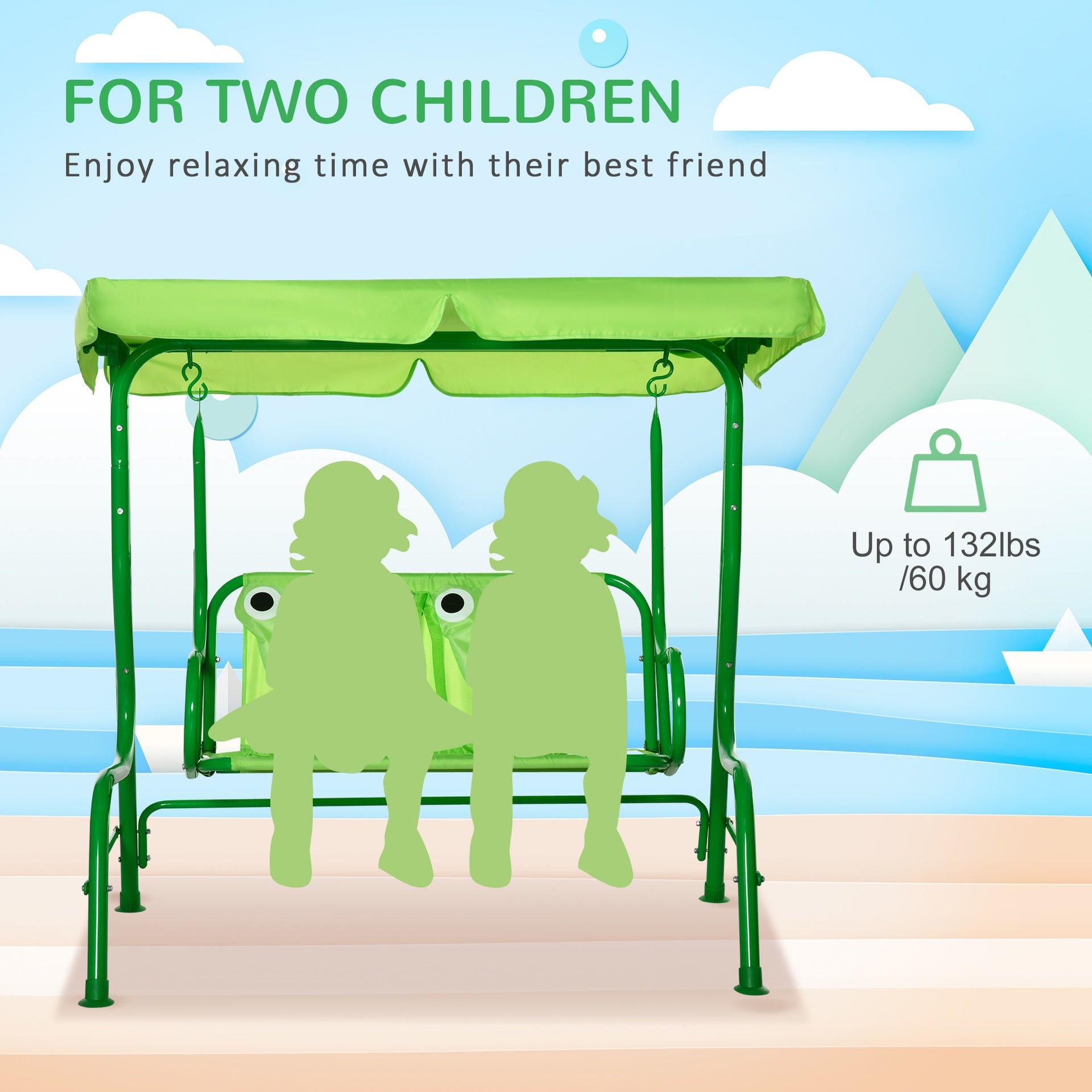 Outsunny Kids Patio Swing, Adjustable Canopy Swing Glider, Kids Outdoor Swing Chair with 2 Seats, Seat-Belted Safety, Green