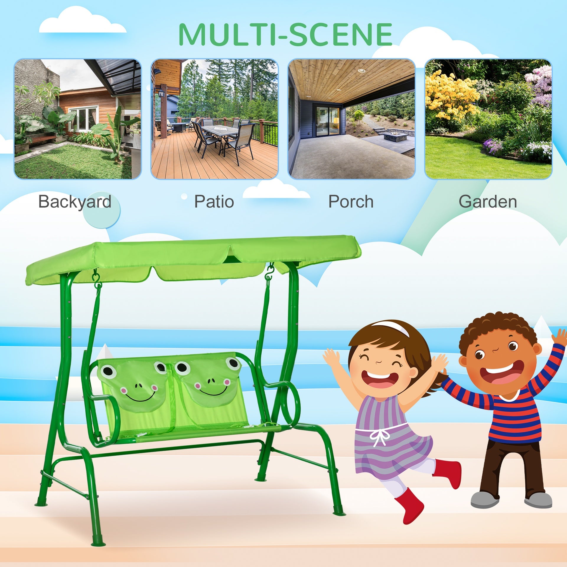 Outsunny Kids Patio Swing, Adjustable Canopy Swing Glider, Kids Outdoor Swing Chair with 2 Seats, Seat-Belted Safety, Green