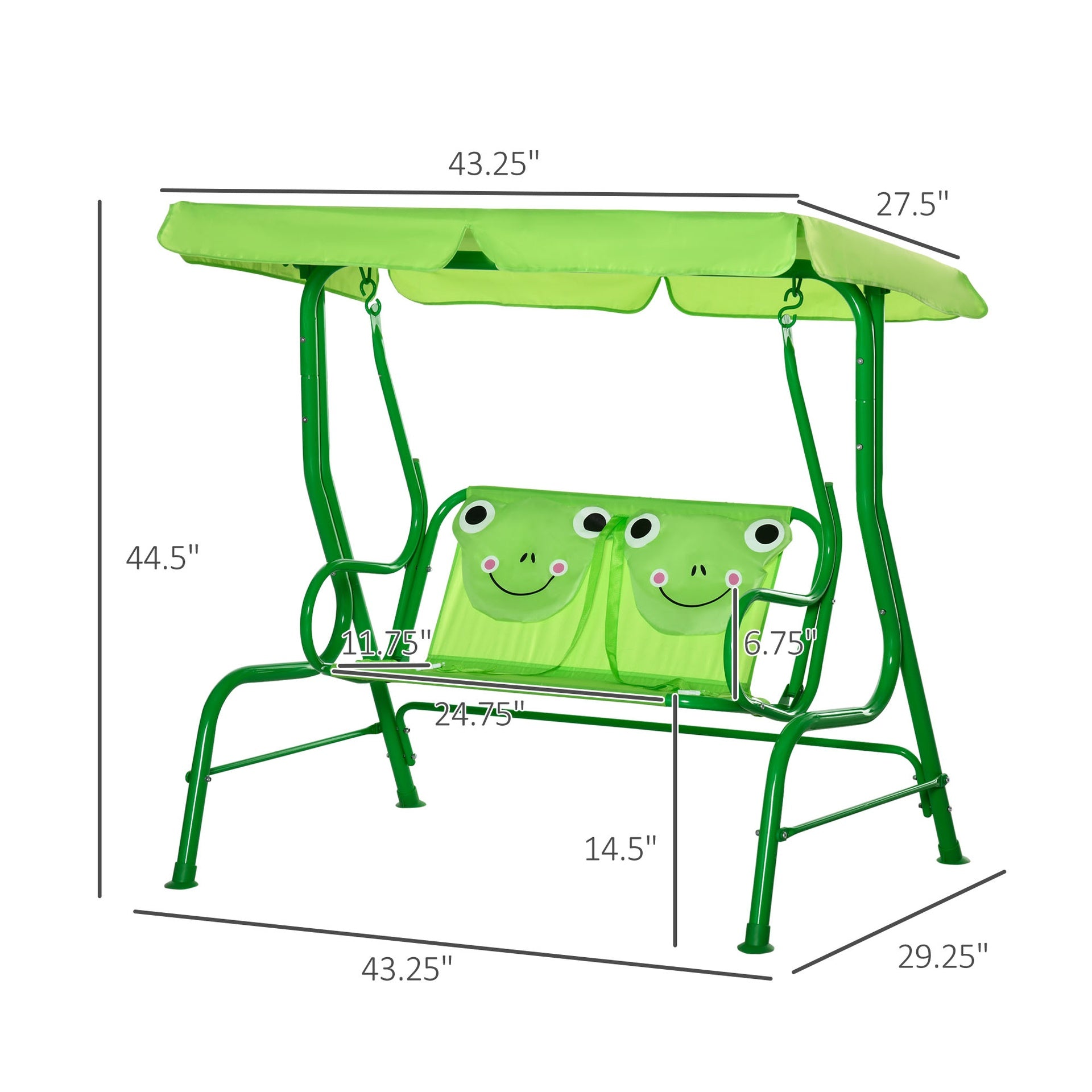 Outsunny Kids Patio Swing, Adjustable Canopy Swing Glider, Kids Outdoor Swing Chair with 2 Seats, Seat-Belted Safety, Green