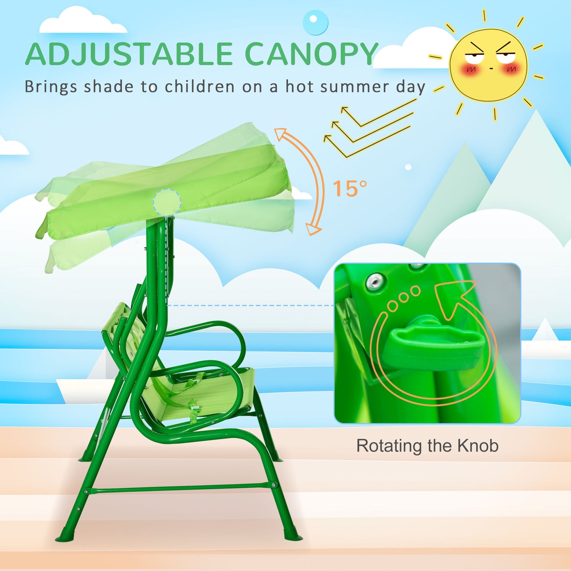 Outsunny Kids Patio Swing, Adjustable Canopy Swing Glider, Kids Outdoor Swing Chair with 2 Seats, Seat-Belted Safety, Green