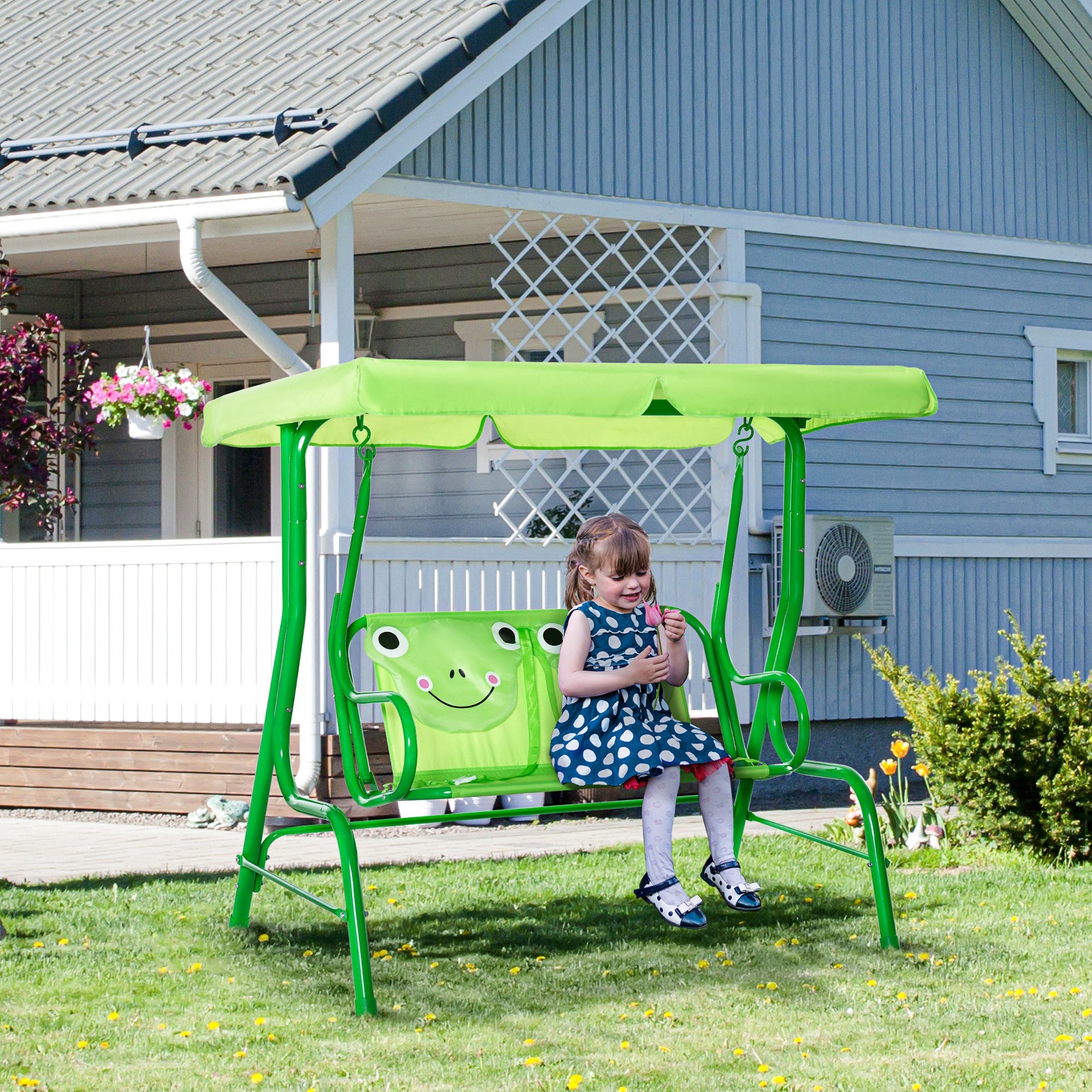 Outsunny Kids Patio Swing, Adjustable Canopy Swing Glider, Kids Outdoor Swing Chair with 2 Seats, Seat-Belted Safety, Green