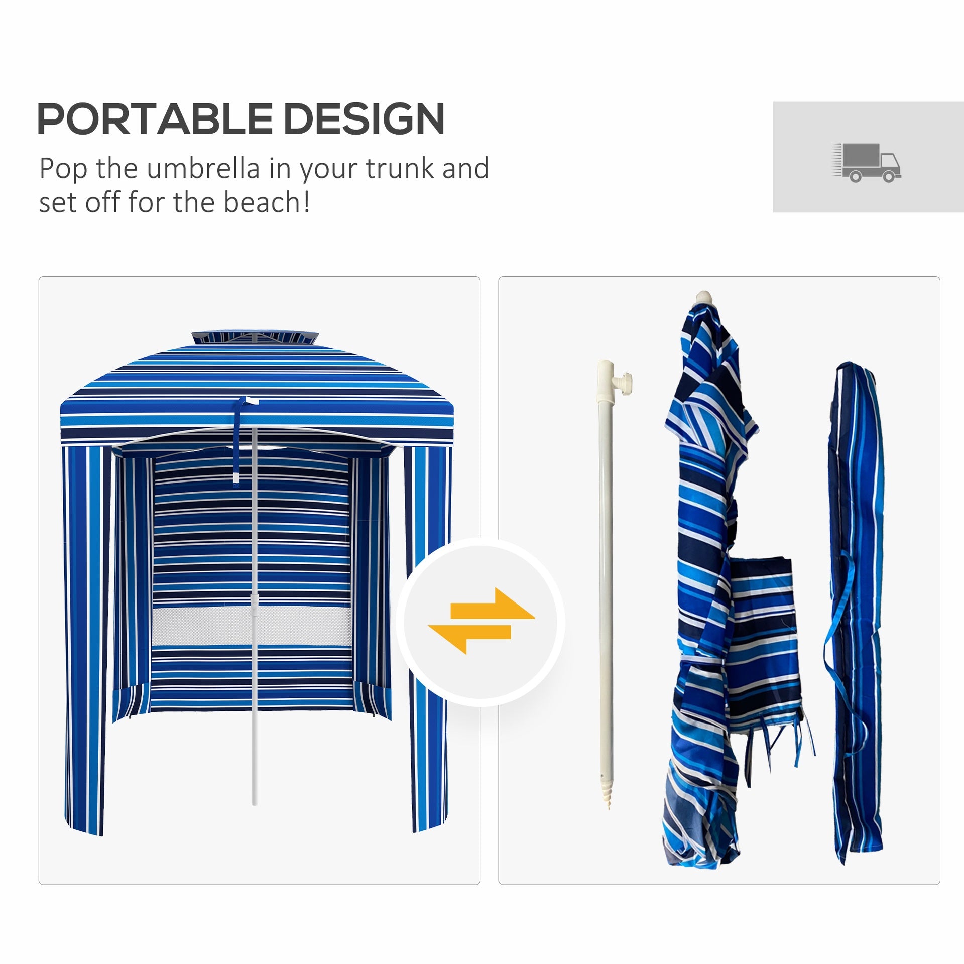 Outsunny 5.8' x 5.8' Cabana Umbrella for Travel, Walls, Vents, Ruffles, Carry Bag, Beach Umbrella, Blue Stripe