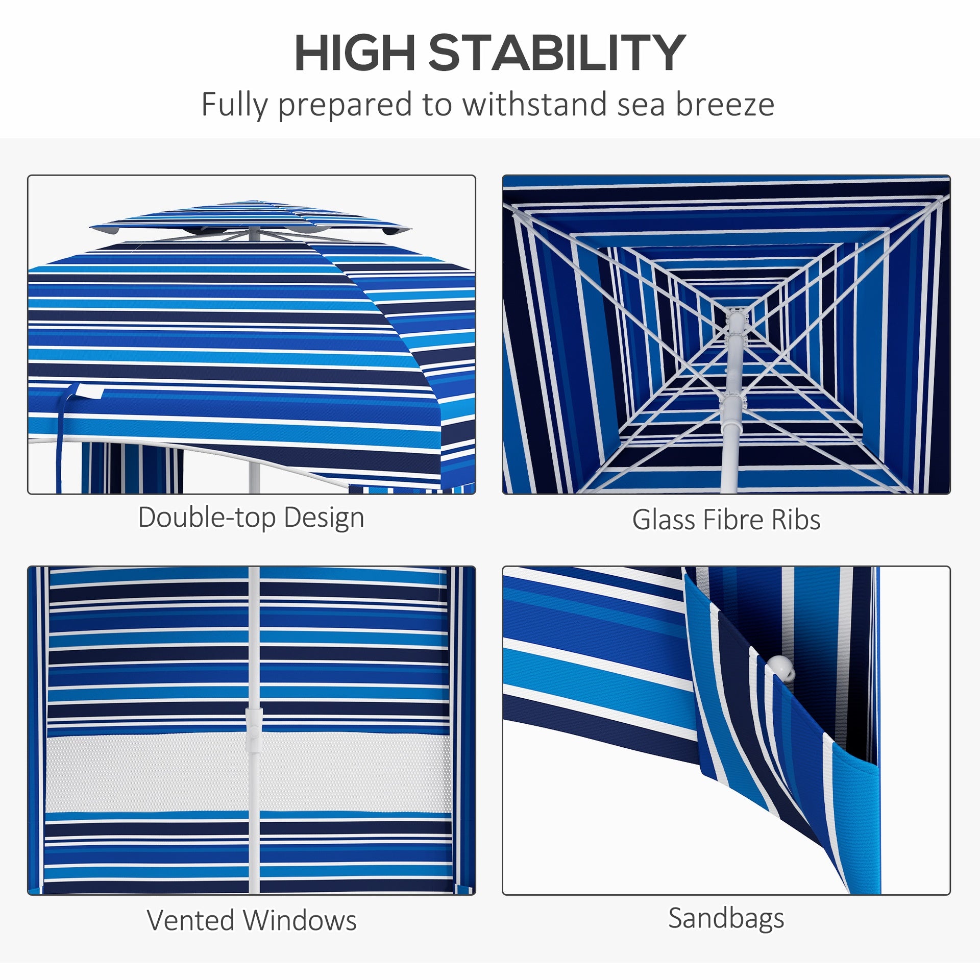 Outsunny 5.8' x 5.8' Cabana Umbrella for Travel, Walls, Vents, Ruffles, Carry Bag, Beach Umbrella, Blue Stripe