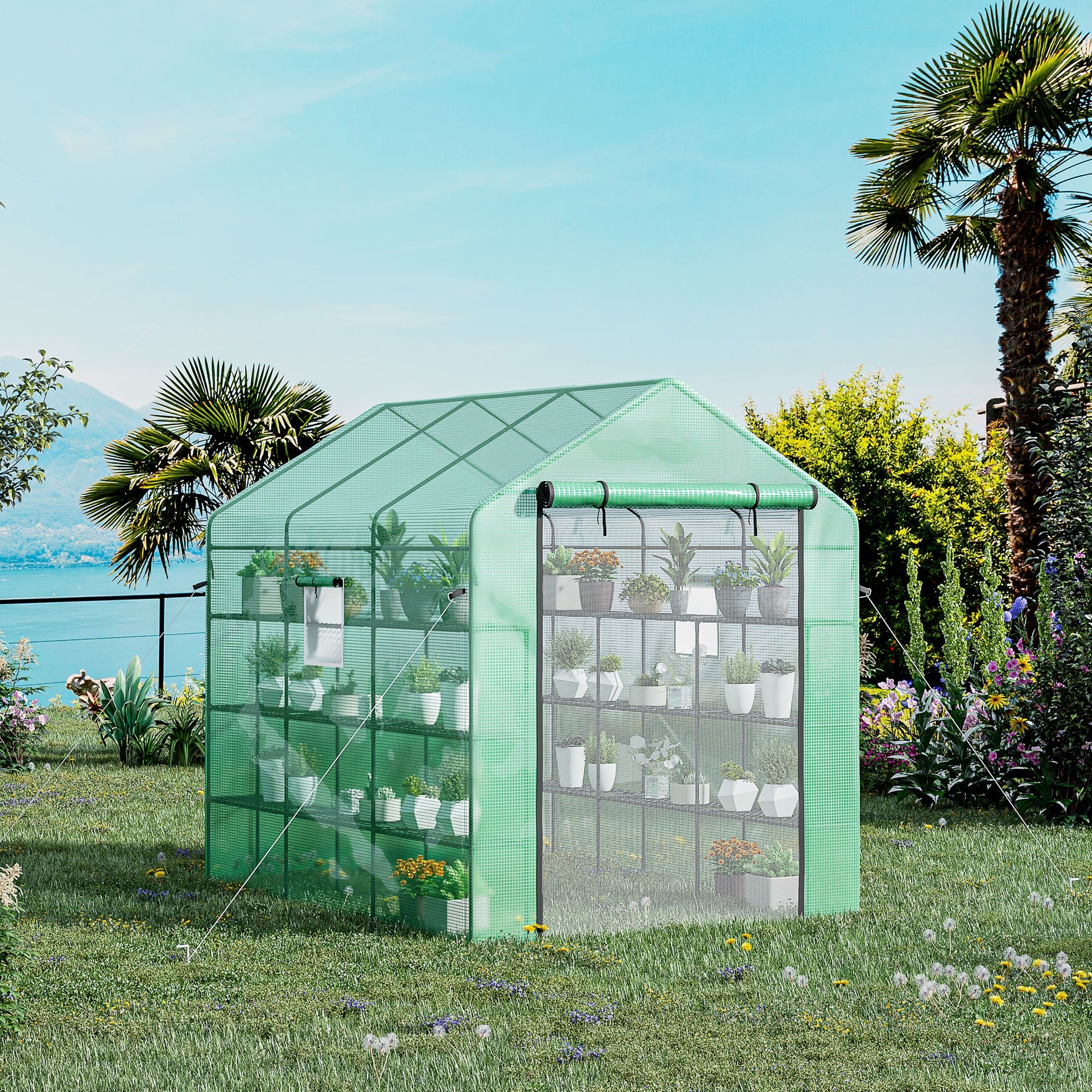 Outsunny 8' x 6' x 7' Temporary Greenhouse for Growing Flowers with Mesh Door & Windows Green
