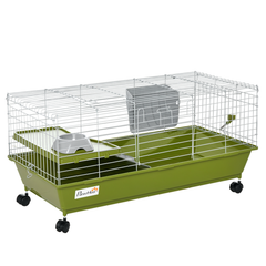 PawHut 35"L Small Animal Cage, Rolling Bunny Cage, Guinea Pig Cage with Food Dish, Water Bottle, Hay Feeder, Platform, Ramp for Chinchilla, Green