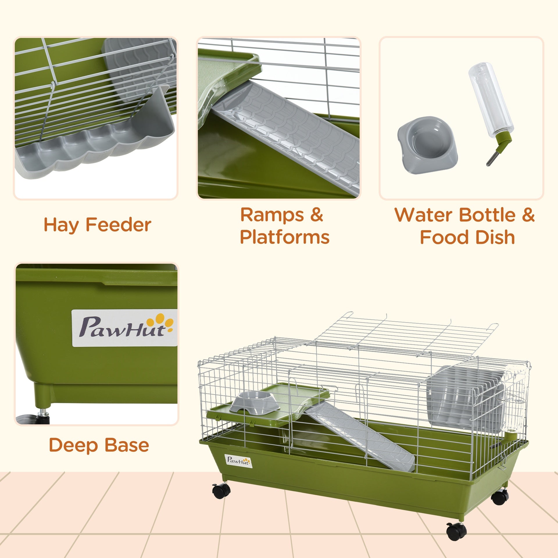 PawHut 35"L Small Animal Cage, Rolling Bunny Cage, Guinea Pig Cage with Food Dish, Water Bottle, Hay Feeder, Platform, Ramp for Chinchilla, Green