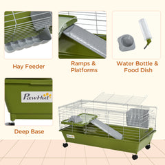 PawHut 35"L Small Animal Cage, Rolling Bunny Cage, Guinea Pig Cage with Food Dish, Water Bottle, Hay Feeder, Platform, Ramp for Chinchilla, Green