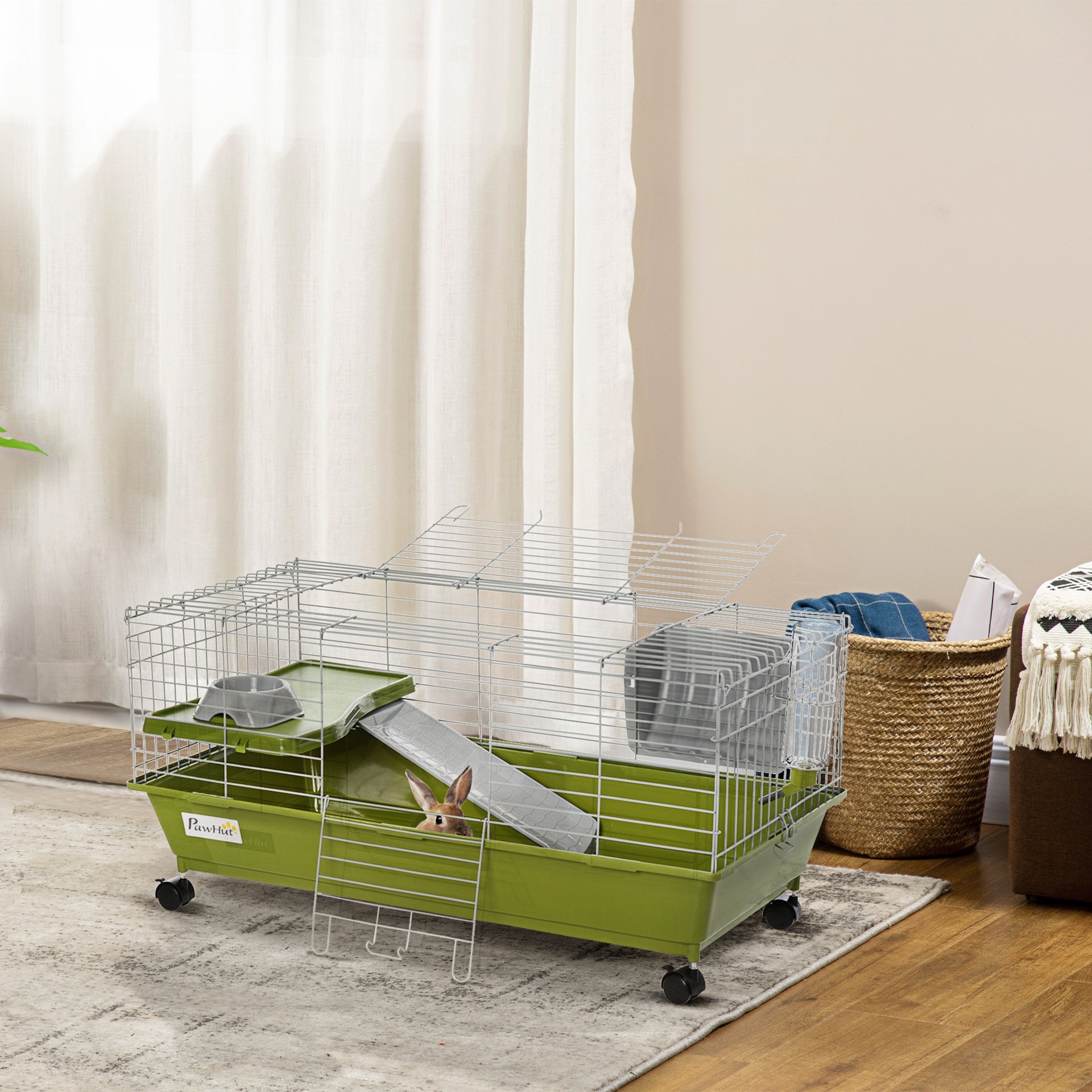 PawHut 35"L Small Animal Cage, Rolling Bunny Cage, Guinea Pig Cage with Food Dish, Water Bottle, Hay Feeder, Platform, Ramp for Chinchilla, Green