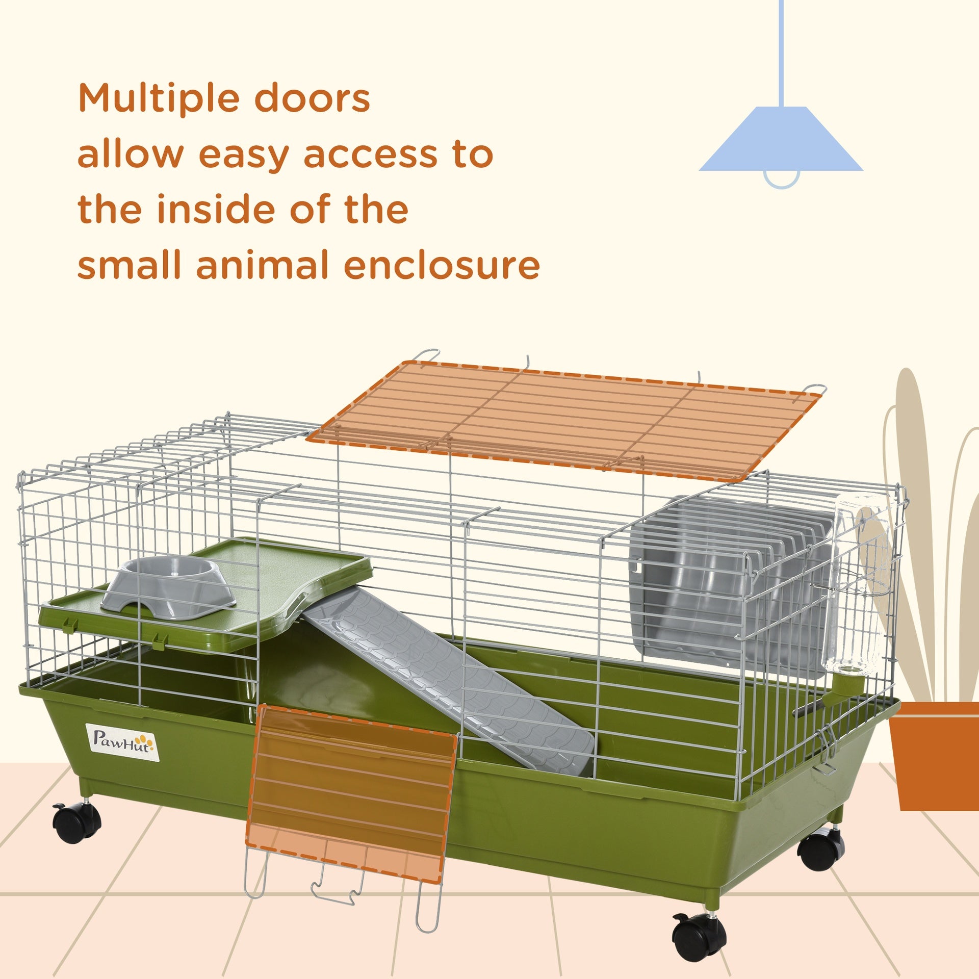 PawHut 35"L Small Animal Cage, Rolling Bunny Cage, Guinea Pig Cage with Food Dish, Water Bottle, Hay Feeder, Platform, Ramp for Chinchilla, Green