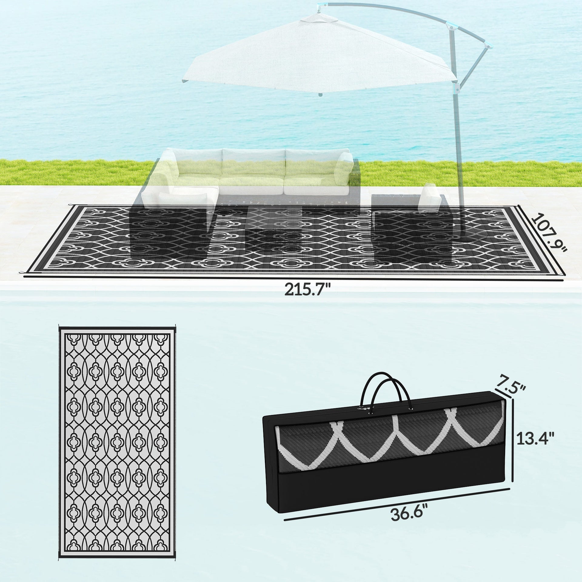 Outsunny Reversible Outdoor Rug, Waterproof Plastic Straw with Carry Bag, 9' x 18', Black & White Lantern