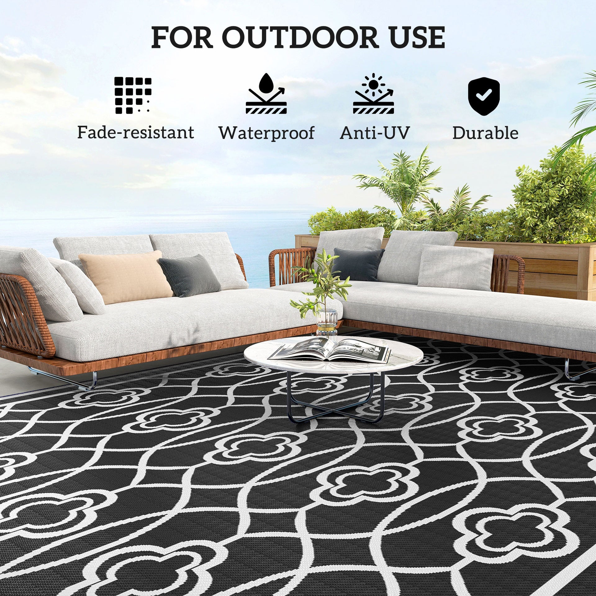 Outsunny Reversible Outdoor Rug, Waterproof Plastic Straw with Carry Bag, 9' x 18', Black & White Lantern