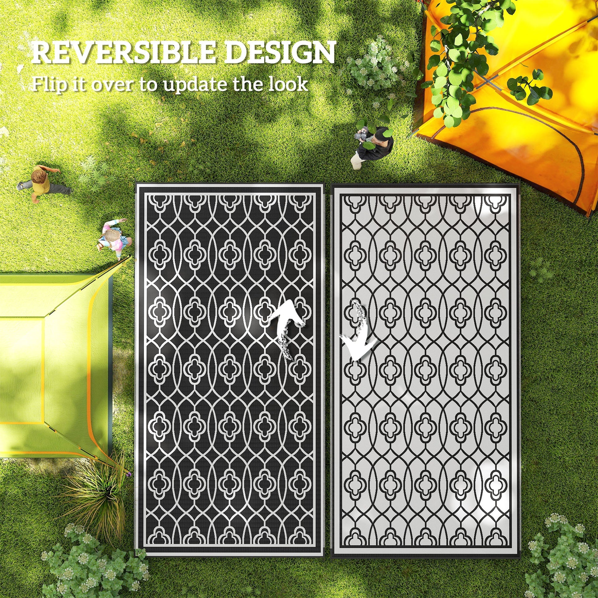 Outsunny Reversible Outdoor Rug, Waterproof Plastic Straw with Carry Bag, 9' x 18', Black & White Lantern