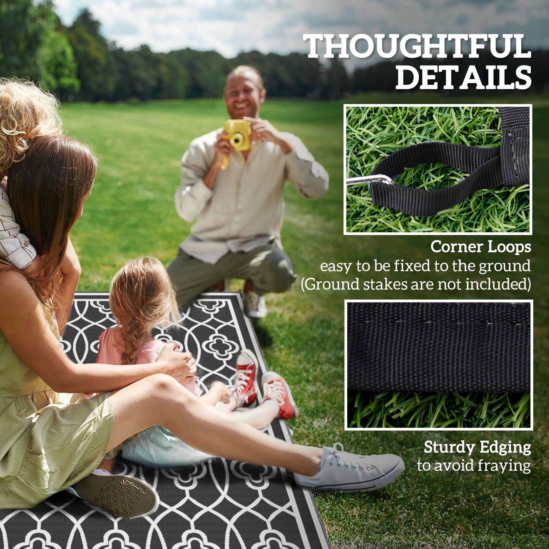 Outsunny Reversible Outdoor Rug, Waterproof Plastic Straw with Carry Bag, 9' x 18', Black & White Lantern