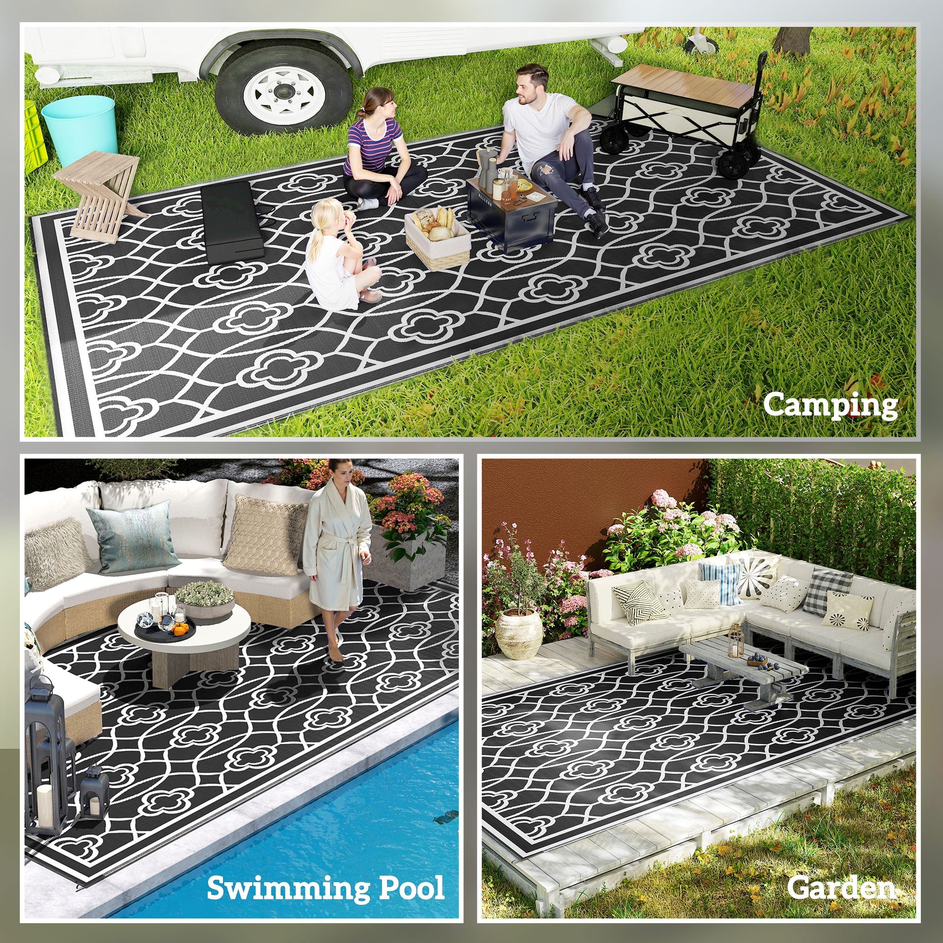 Outsunny Reversible Outdoor Rug, Waterproof Plastic Straw with Carry Bag, 9' x 18', Black & White Lantern