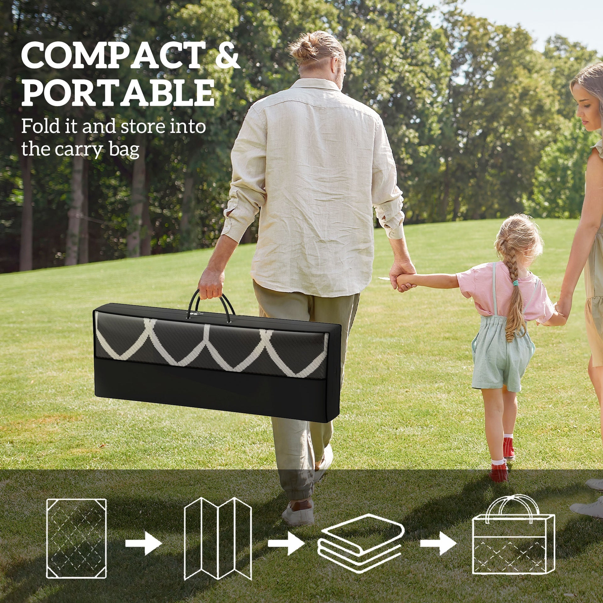 Outsunny Reversible Outdoor Rug, Waterproof Plastic Straw with Carry Bag, 9' x 18', Black & White Lantern