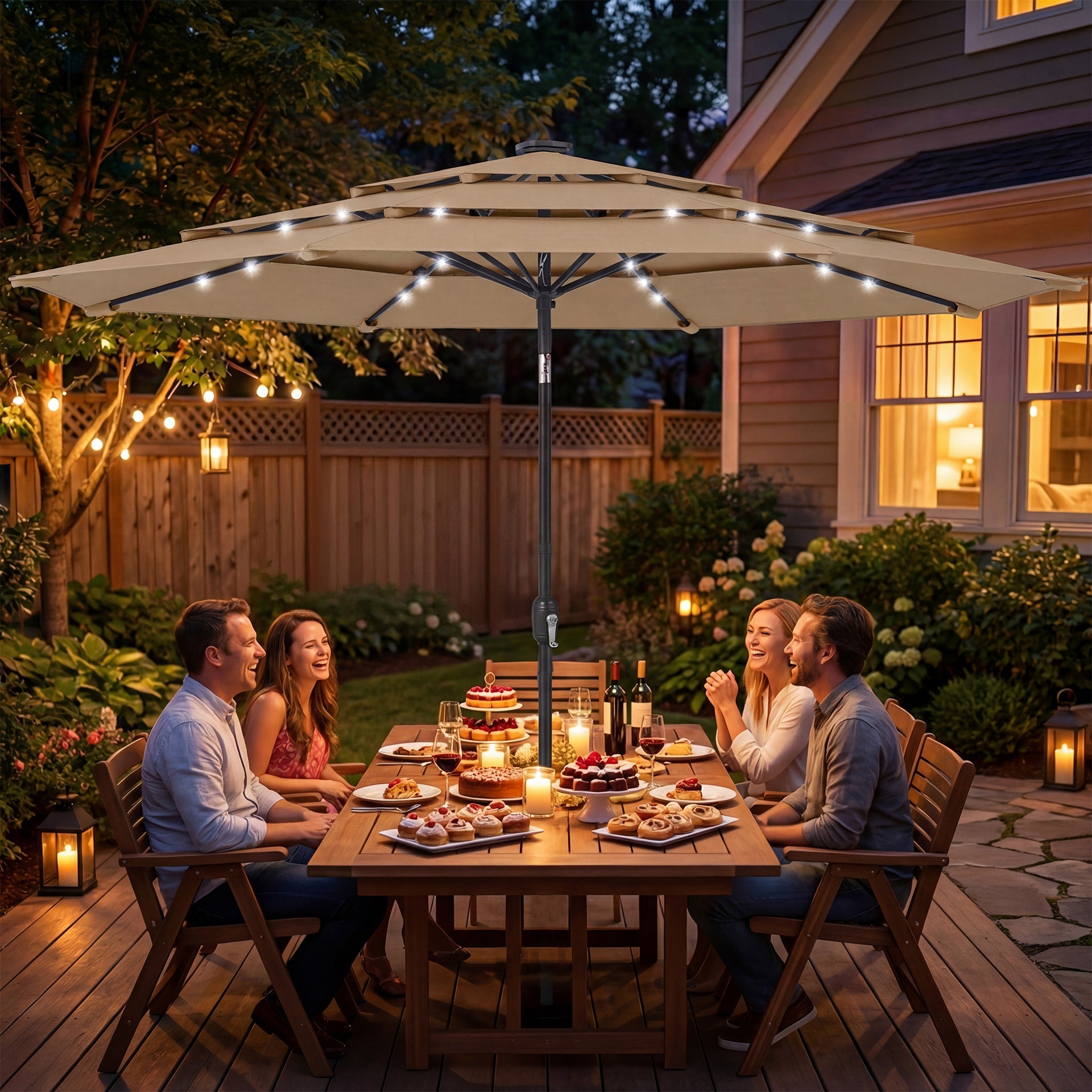 Outsunny 9.7 ft Outdoor Patio Umbrella with Solar LED Lights, 3 Tier Outdoor Table Umbrella with Tilt, Crank, Khaki