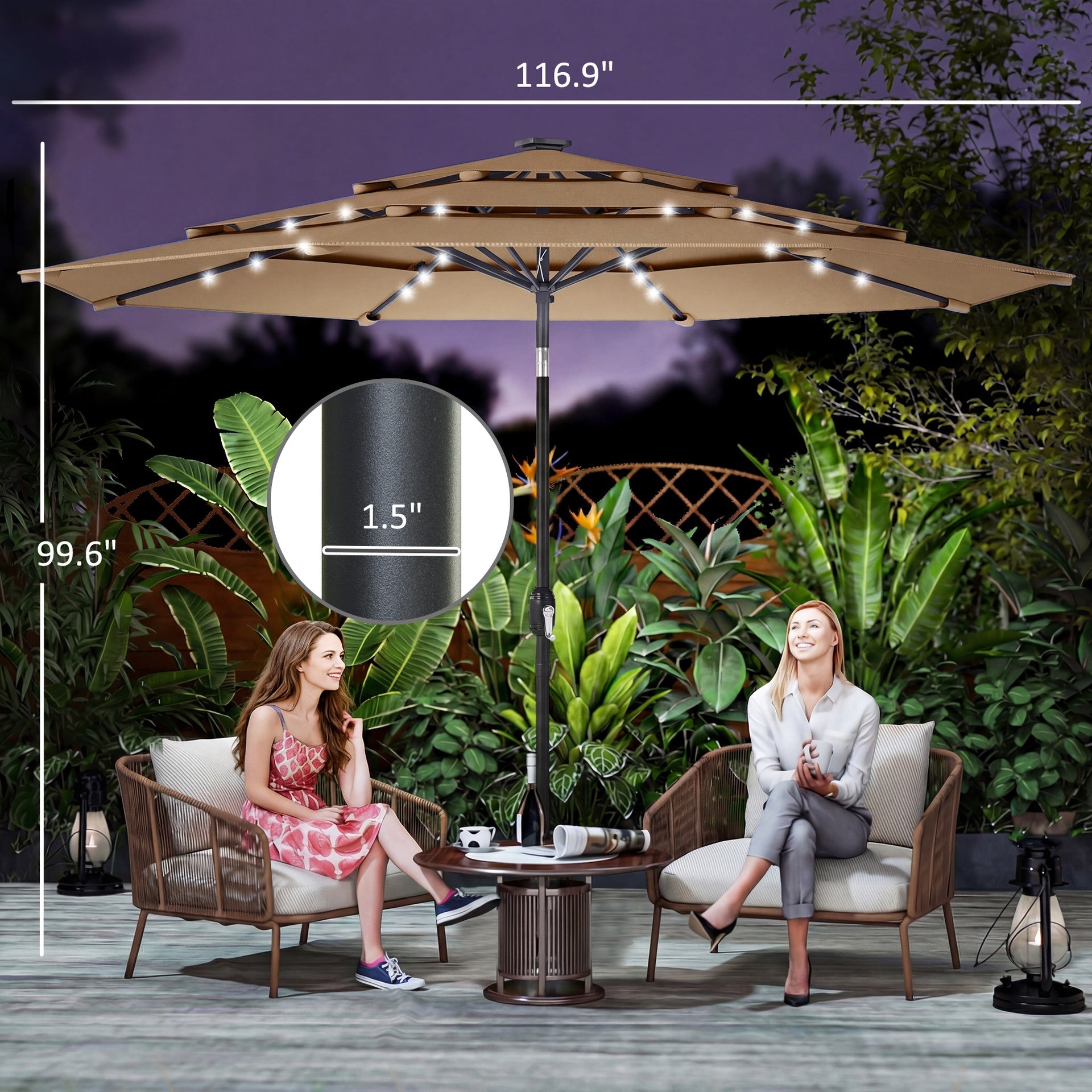 Outsunny 9.7 ft Outdoor Patio Umbrella with Solar LED Lights, 3 Tier Outdoor Table Umbrella with Tilt, Crank, Khaki
