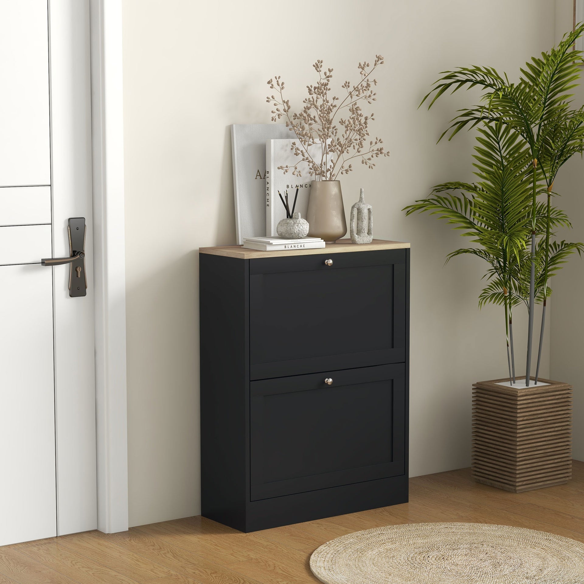 HOMCOM Slim Shoe Storage Cabinet, Modern Shoe Cabinet with 2 Flip Drawers and Adjustable Shelves for 8-12 Pairs, Black